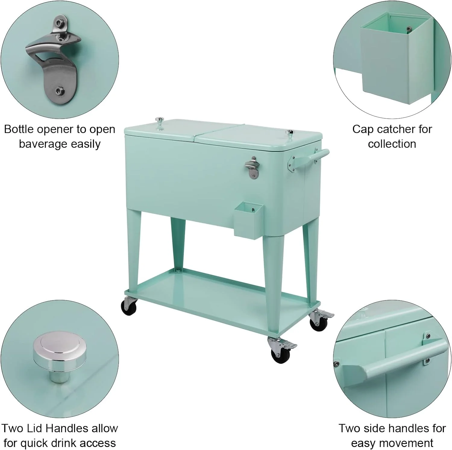 80 Quart Rolling Ice Chest, Portable Bar Drink Cooler with Catch Basin, Bottom Storage Tray and Bottle Opener for Patio Party BBQ Beach Activities - Image 14