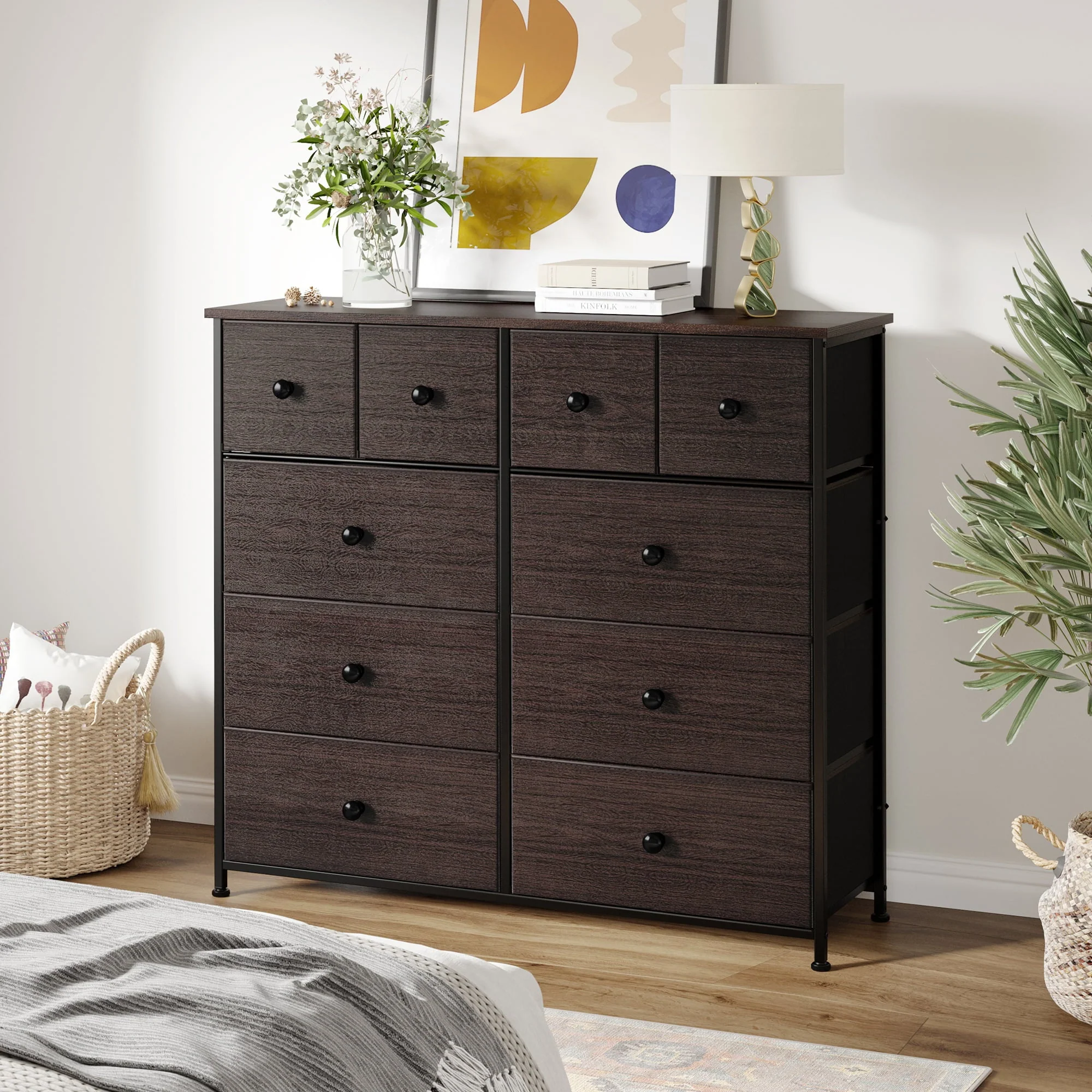 REAHOME Dressers for Bedroom with 10 Drawer Fabric Chest of Drawers Storage Drawer Unit Tower Luxury Leather Finish Rustic Brown - Image 10