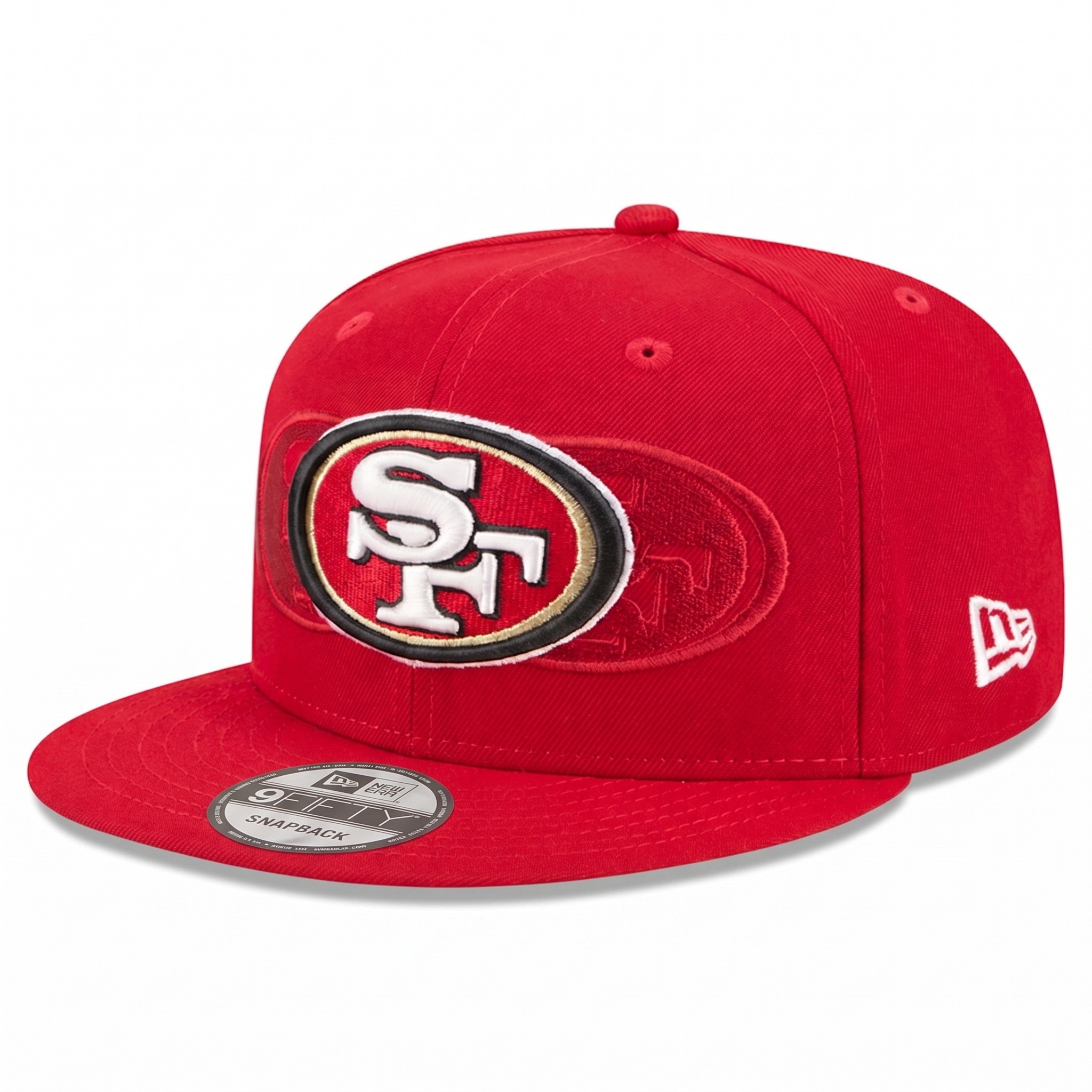 Right angled view of the red San Francisco 49ers 9FIFTY snapback cap showing the structured crown, flat visor, and 9FIFTY sizing sticker.