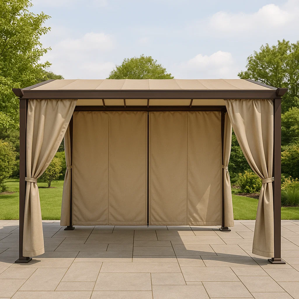 Pérgola metálica para jardín con toldo retráctil - Color beige y marrón - para exterior - 400 cm largo x 250 cm alto x 350 cm profundo qNzWJau333ZJ