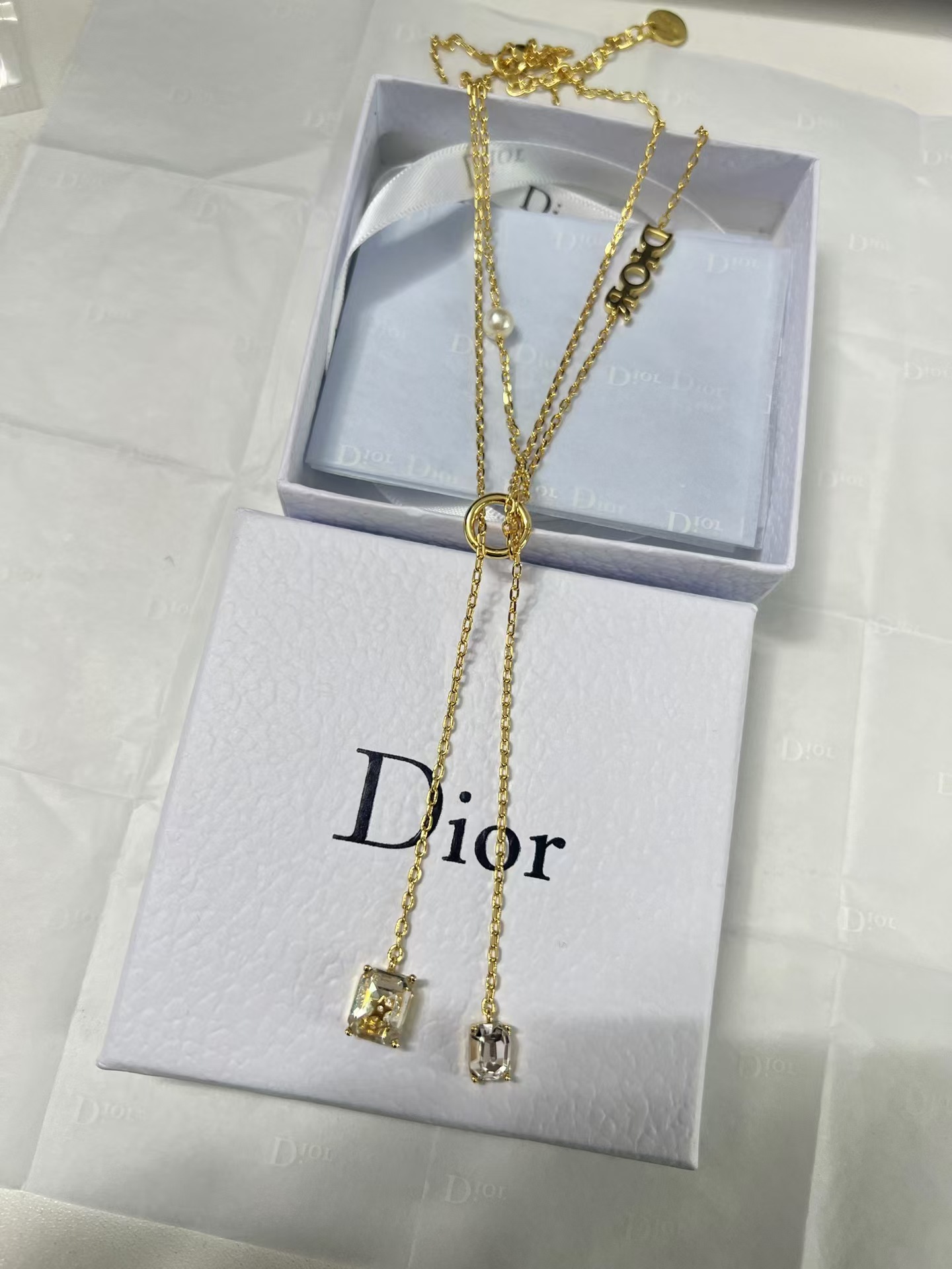 Dior Two Layered Two String Diamond Pendant Drop Y Necklace - Original Replica Club