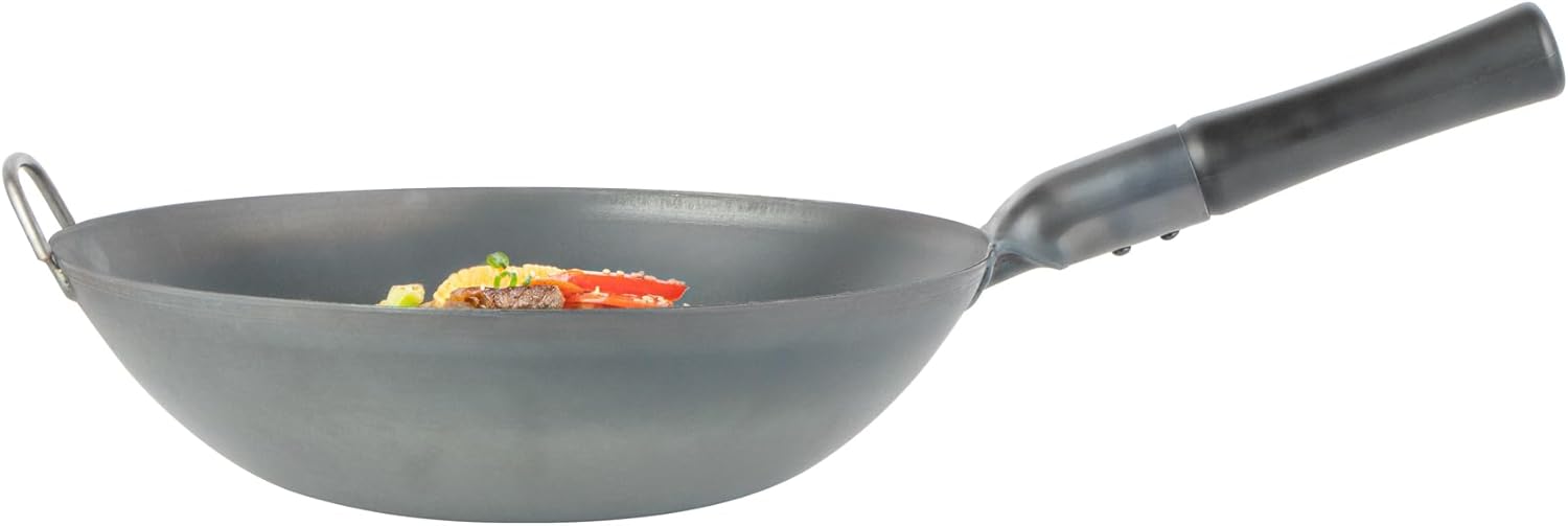 Restaurantware Carbon Steel Wok 1 Pack of 13.3 Inch Heavy-Duty Uniform Heat Distribution Pan Induction Compatible Flat Bottom Wok Welded Handle Black For Gas Stovetops And Grills