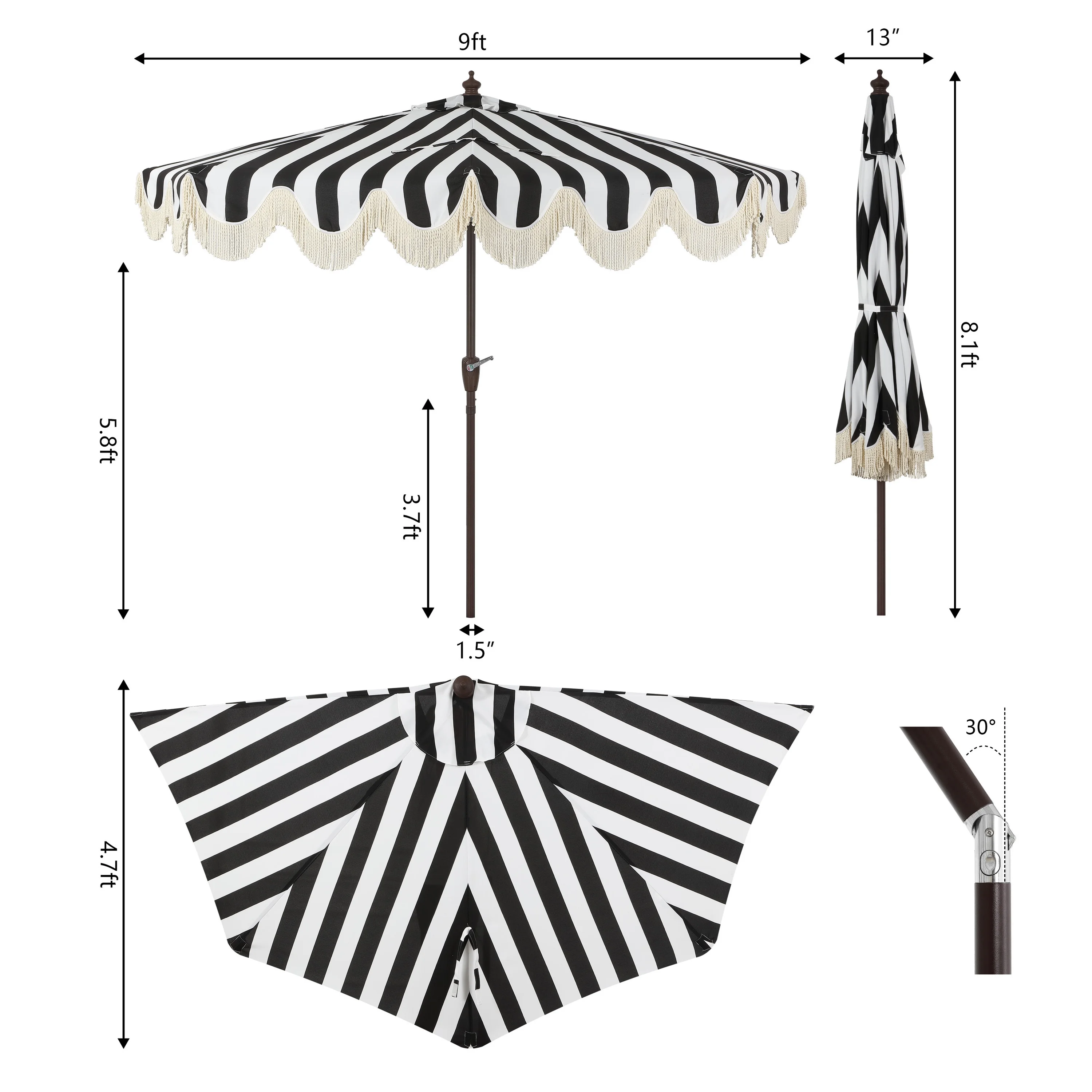 JONATHAN Y Beverly 9 ft. Half Market Patio Umbrella, Designer Classic Scalloped Fringe with Crank, Tilt Button and UV Protection, Blue/White/Cream, Dark Brown Pole - Image 33