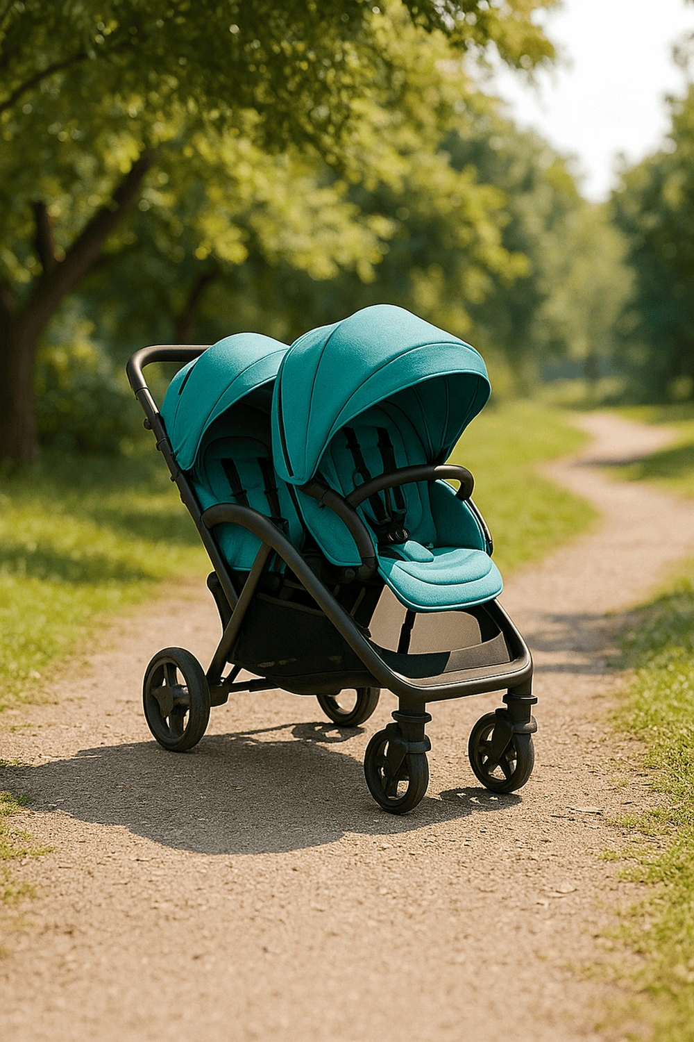 Cochecito de bebé, carrito doble reclinable con respaldo ajustable en 3 posiciones y arnés de 5 puntos, hasta 2 x 22 kg, color verde lago, apto para 0 - 48 meses