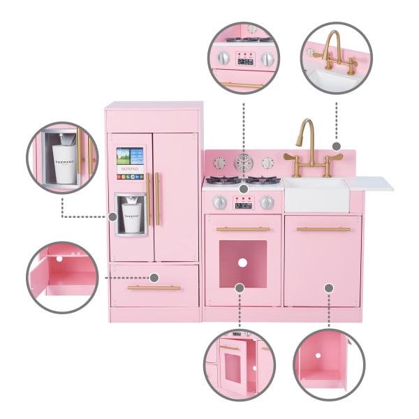 Teamson Kids Little Chef Charlotte Wooden Play Kitchen Set for Toddlers. Pretend Cooking Playset with Stove. Sink & Fridge. Pink/Gold - Image 3