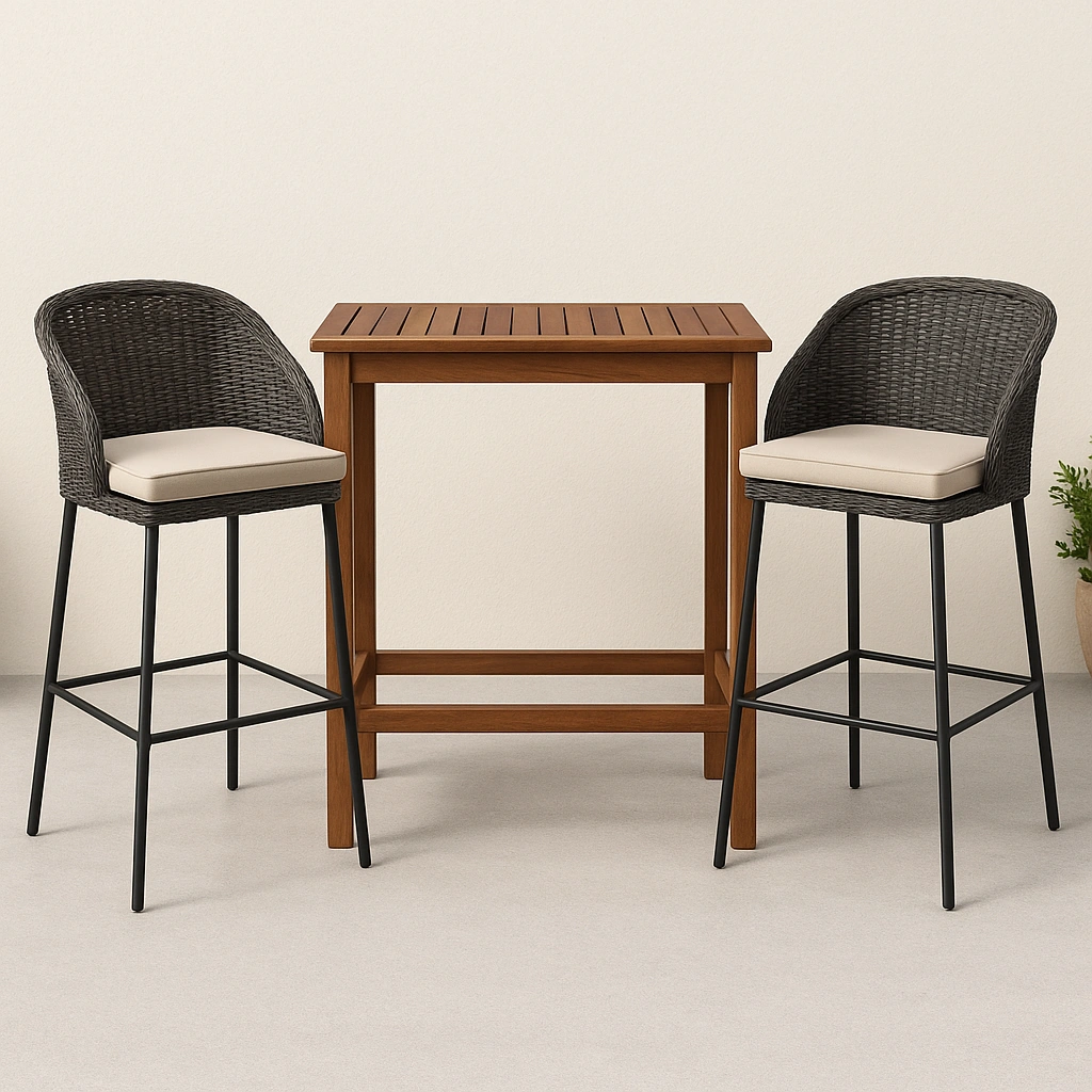 Conjunto de bar de jardín Mesa de madera con 2 taburetes ratán y cojines beige para exterior