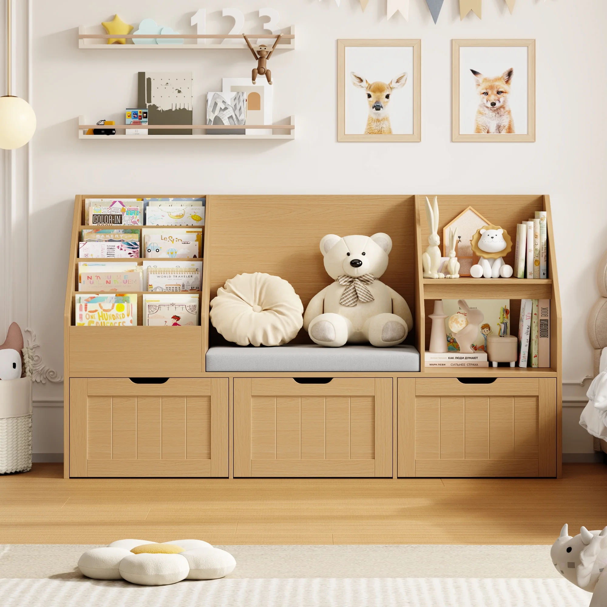 Homfa Kids Bookshelf with Reading Nook & 3 Movable Drawers, 2 Cube Bookcase with 4-Tier Book Racks, Toy Storage Organizer for Playroom Bedroom, White - Image 20