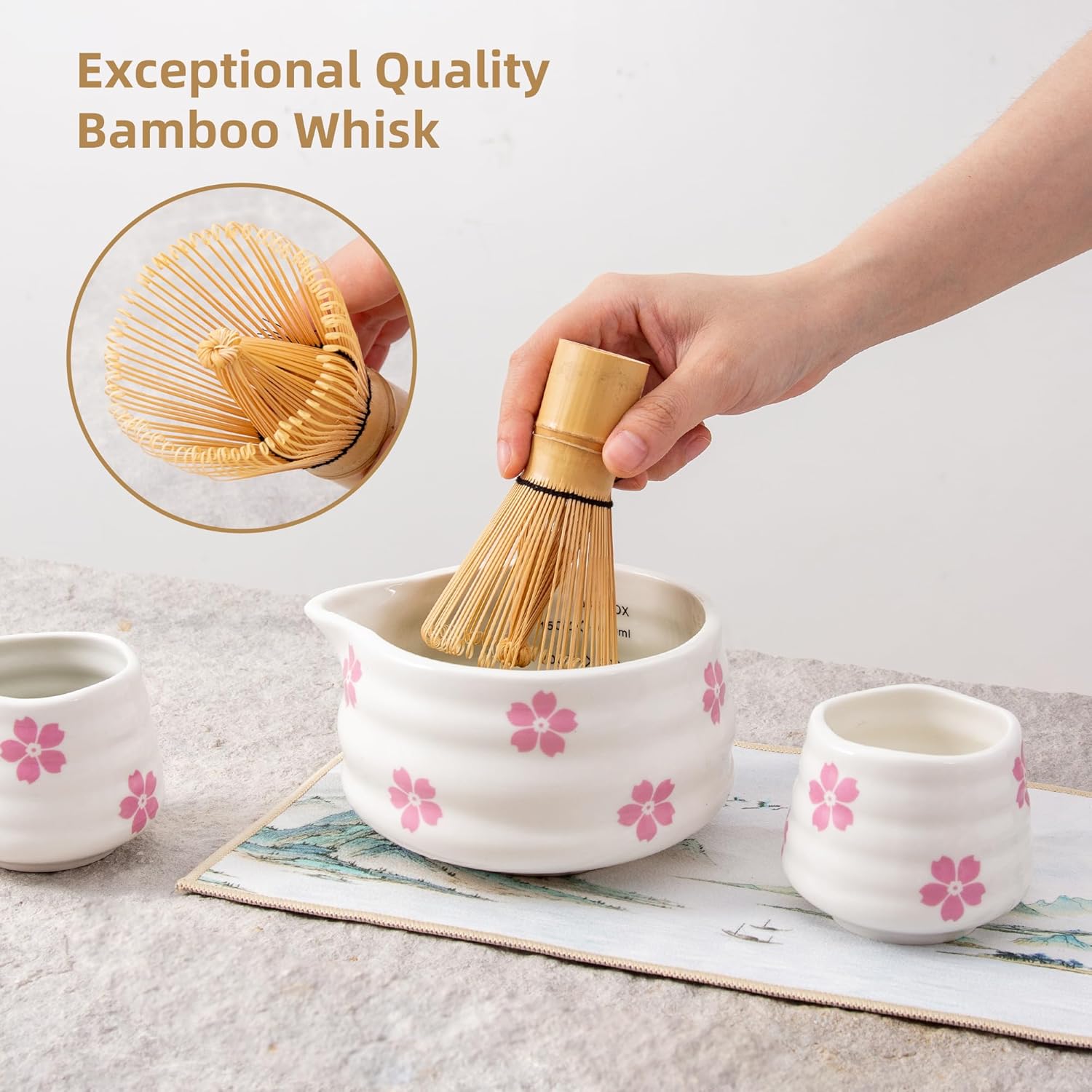 9pcs Premium Matcha Set,Ceramic Bowl with Spout and Bamboo Whisk set, Ceremonical Matcha Kit for breakfast/latte,Tea Starter Making Kit, Unique Christmas/Valentine Gift (Sakura 9pcs)