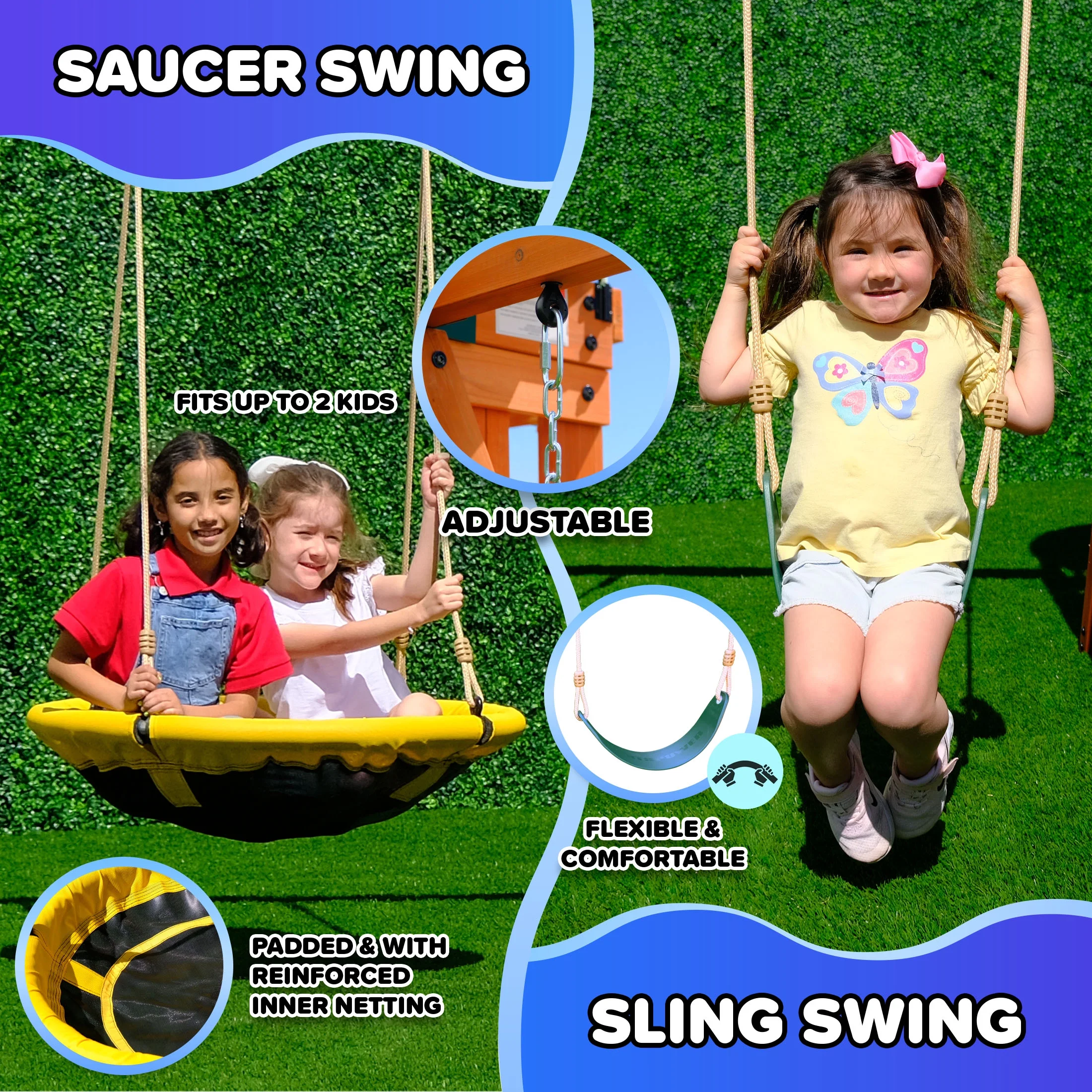 Sportspower Amelia Wooden Swing Set with 2-Person Saucer Swing, 6' Blow Molded Slide, Swing, Play Fort, Heavy Duty Double A-Frame, Lifetime Warranty on Slide - Image 5