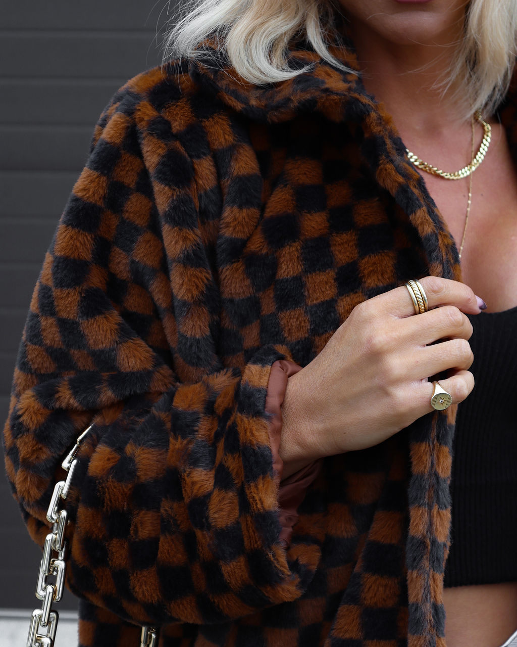 Completely Checked Out Pocketed Faux Fur Jacket - Se7enfashion