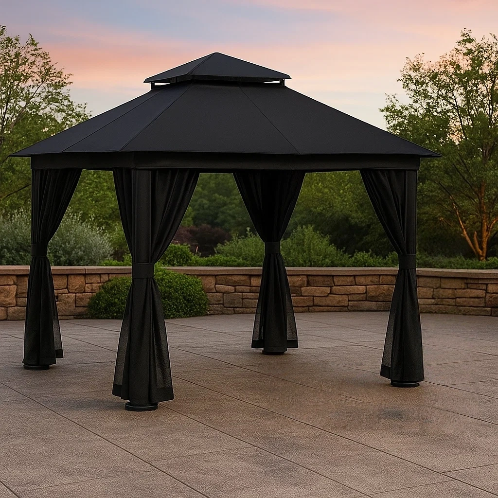 Cenador y quiosco rectangular,metálico,color negro,con techo a cuatro aguas,instalación fija,300x200x280 cm,para uso exterior en jardín,terraza o patio. - wxR54lLbG37i