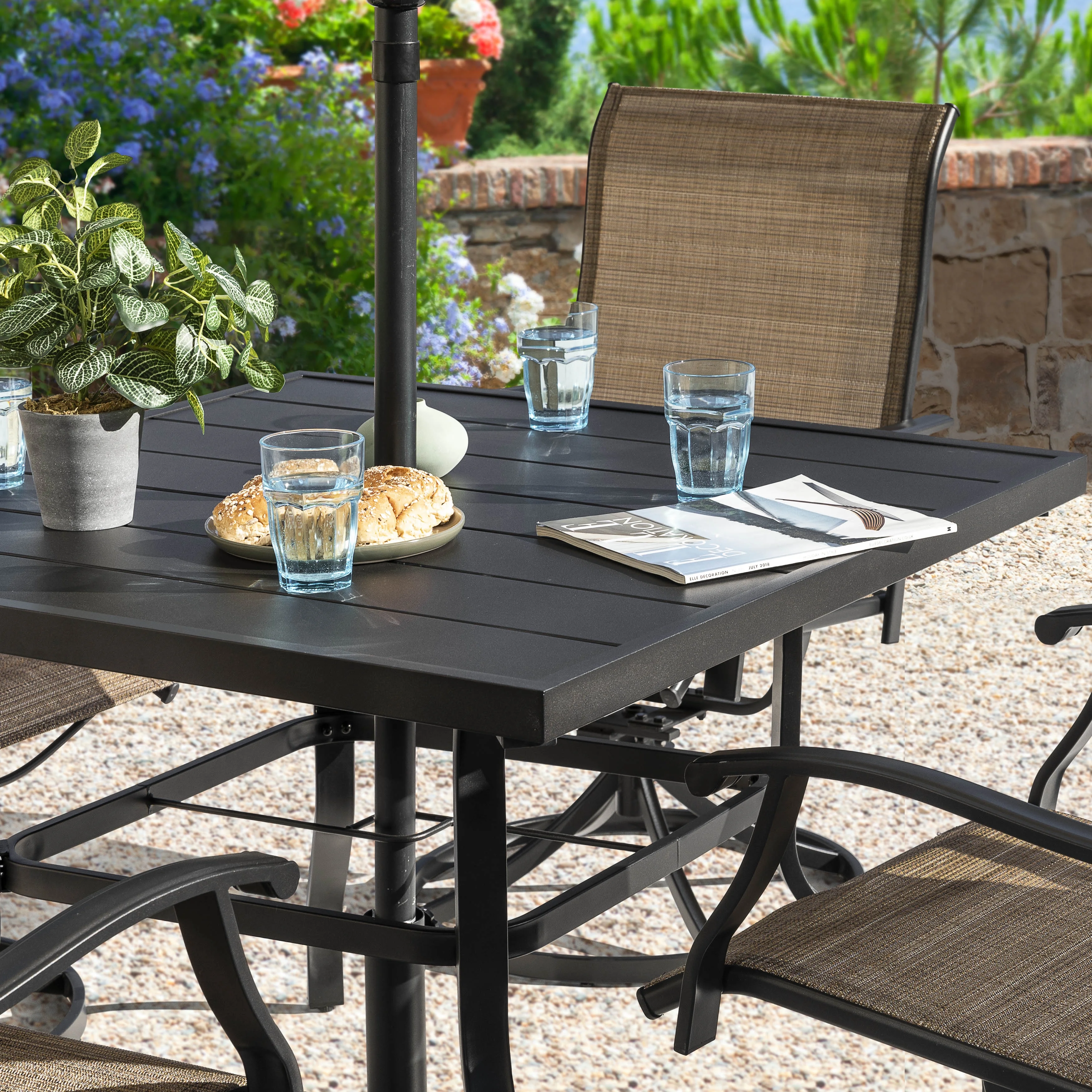 Nuu Garden 5 Piece Outdoor Patio Dining Set, Metal Patio Furniture Set 4 Textilene Swivel Chairs and 37" Square Iron Umbrella Dining Table,Black and Brown - Image 5