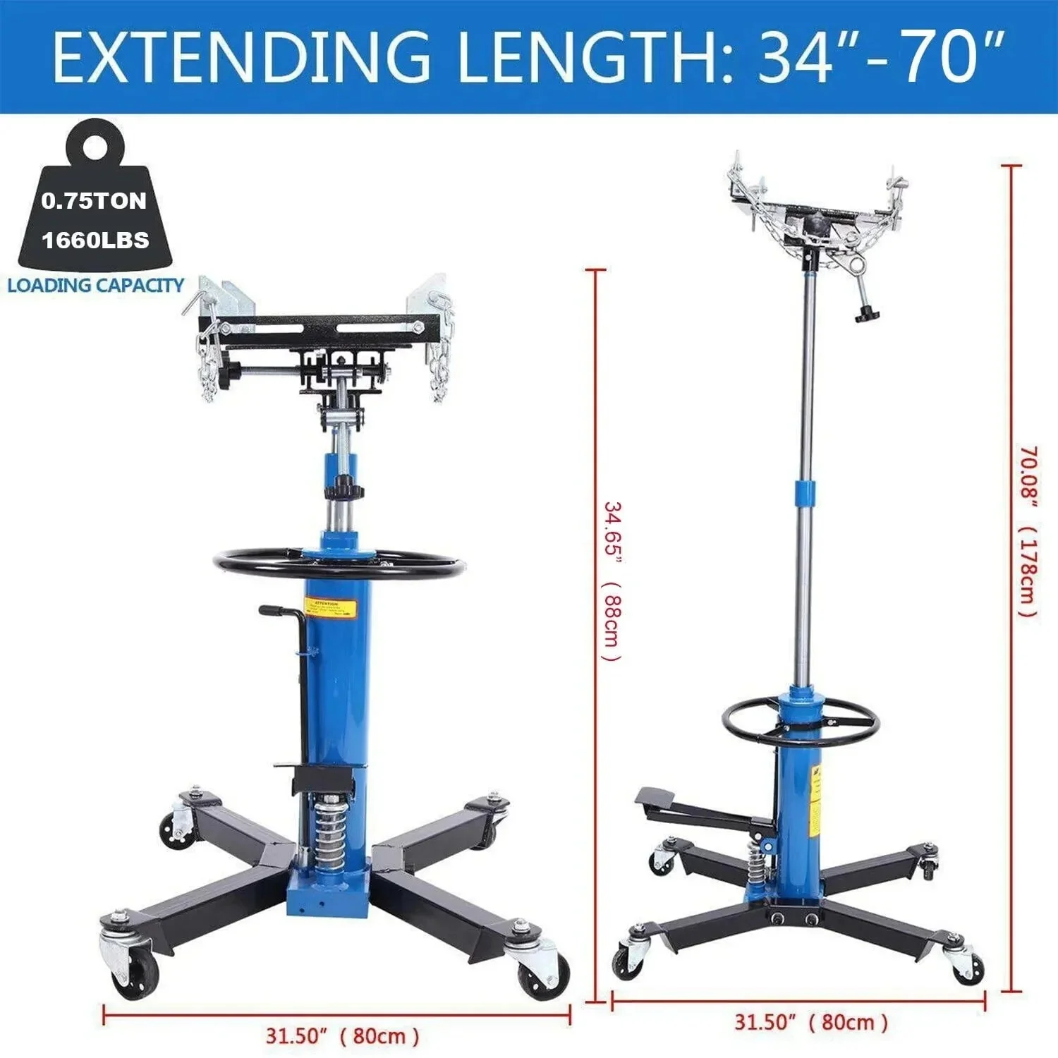 1660 Pounds Hydraulic Car Transmission Jack Vertical Lift with 360° Swivel Wheel Pedal ,Blue,33"-70"(0.75Ton)