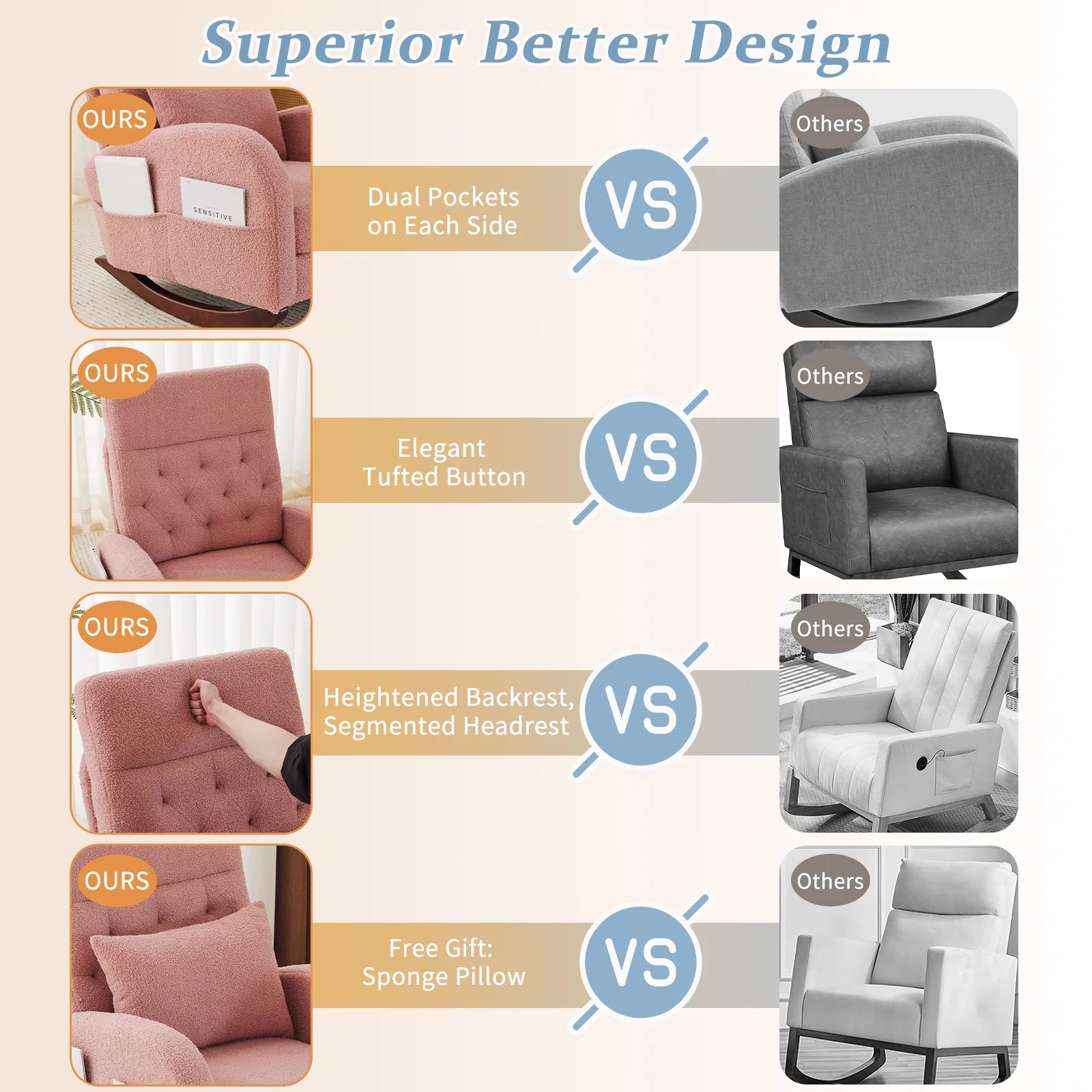 Ktaxon Rocking Accent Chair Glider Reading Chair Comfy Teddy Velvet Upholstered Single Sofa Rocker for Living Room, Nursery, Bedroom Beige - Image 59
