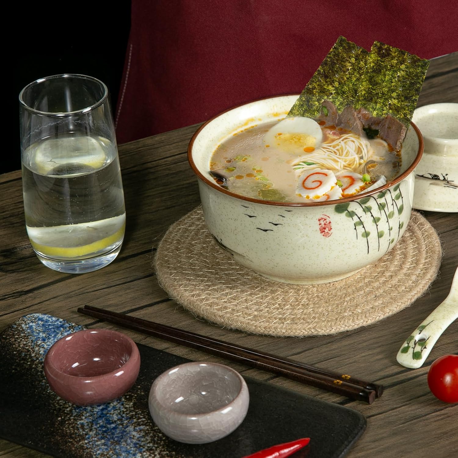 Ceramic Ramen Bowl Set of 2, Ramen Noodle Bowl with Lid 27oz Japanese Retro Style Soup, Pho, Udon Bowls, Matching Spoons and Chopsticks for Microwave & Dishwasher Safe, Twig