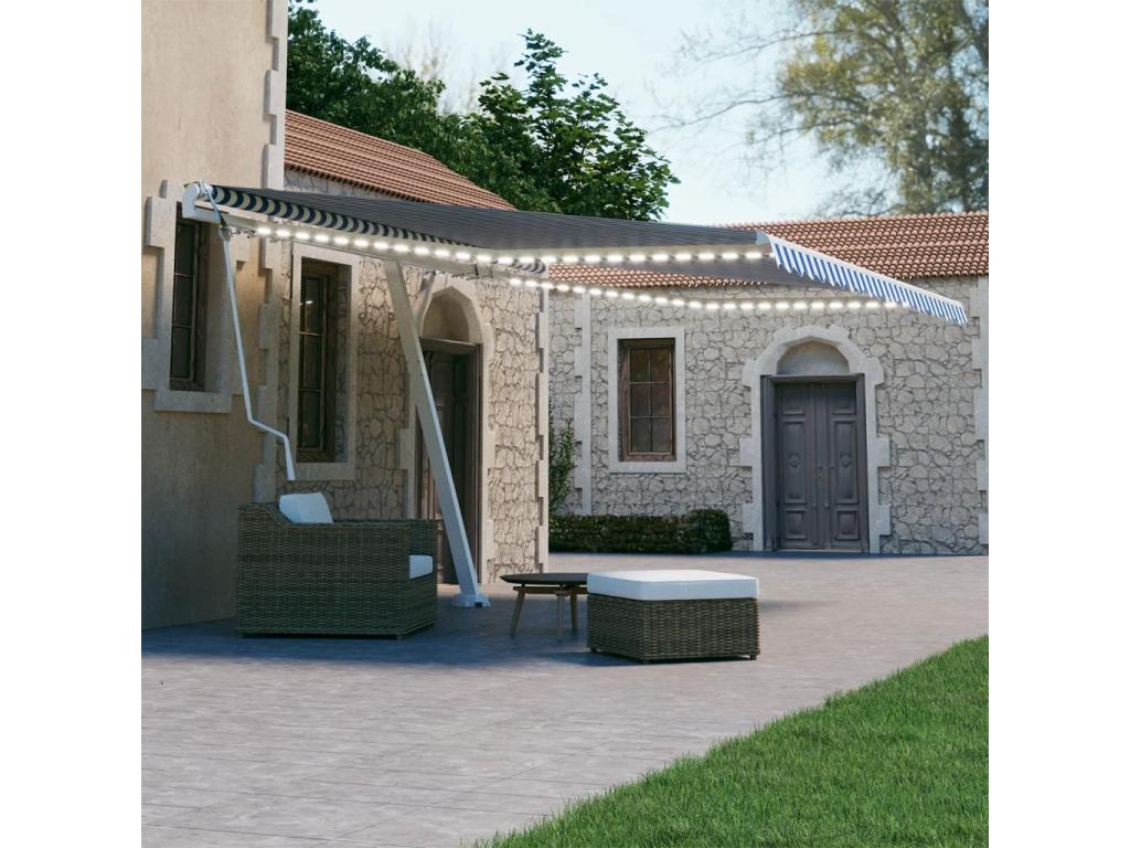 Toldo automático LED sensor de viento azul y blanco 400x300 cm