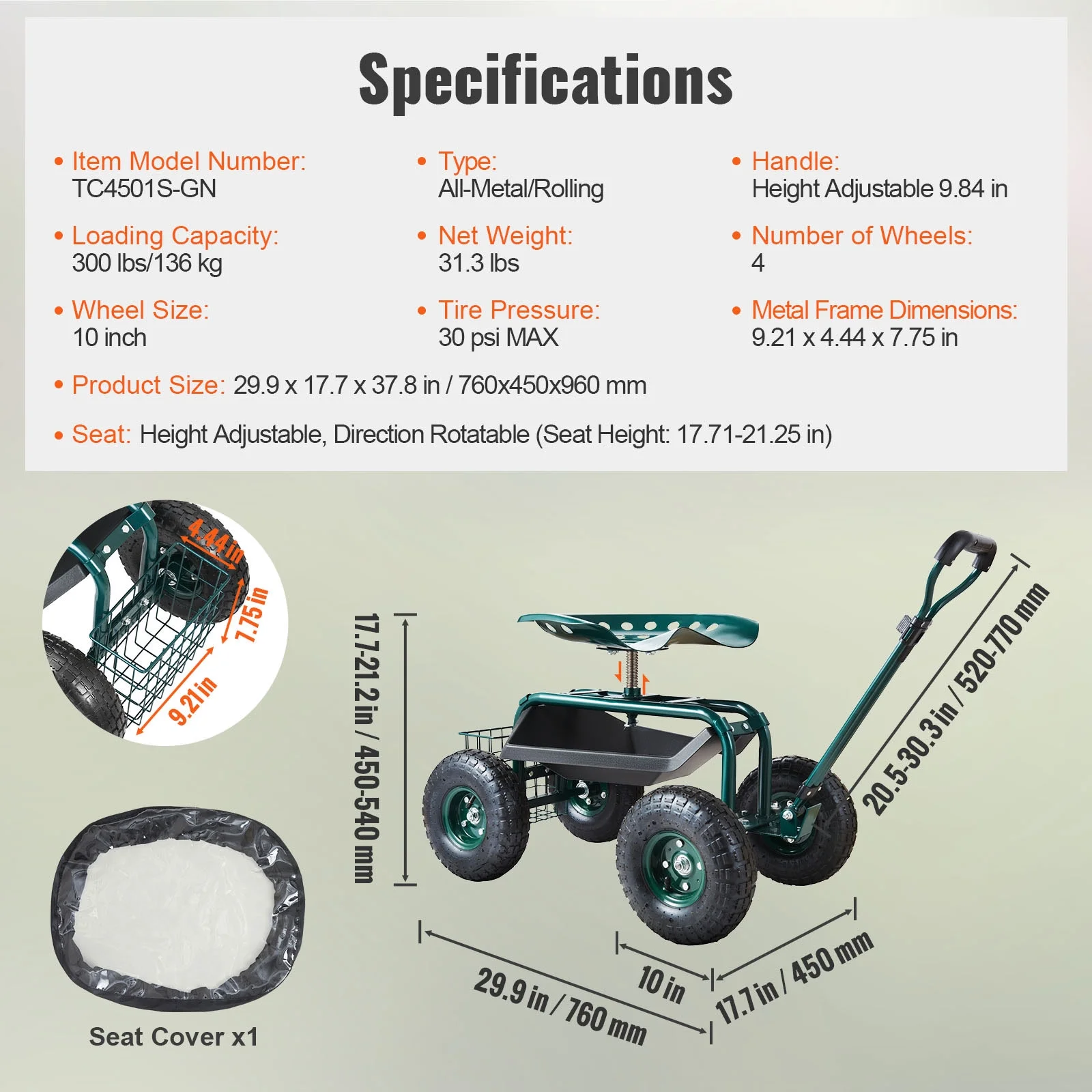 KFFKFF Garden Cart Rolling Workseat with Wheels, Gardening Stool for Planting, 360 Degree Swivel Seat, Wagon Scooter with Steering Handle & Utility Tool Tray, Use for Patio, Yard, and Outdoors - Image 7