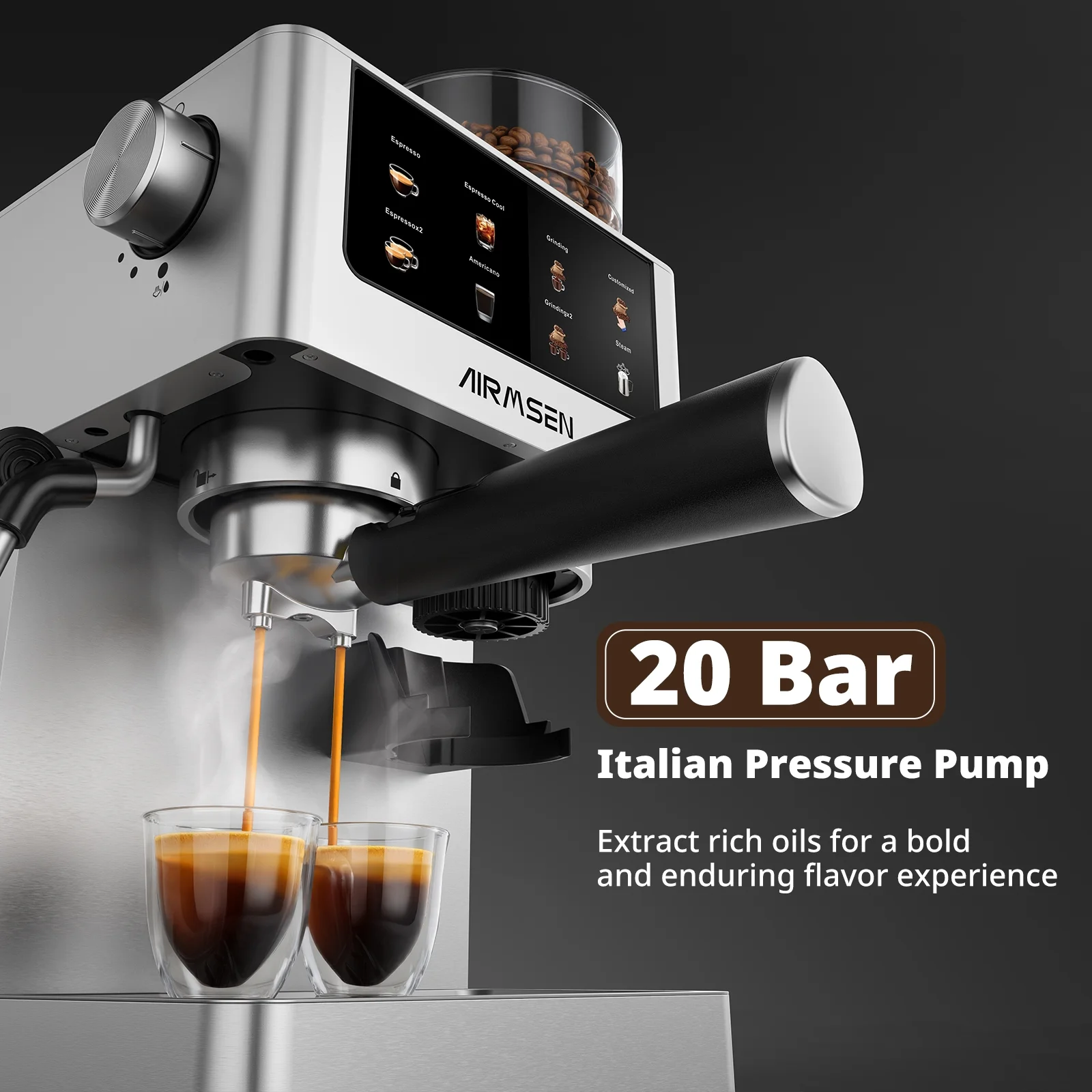 AIRMSEN Espresso Machine with Grinder, Espresso Coffee Machine with Customized Grind Amount & Coffee Volume, Cold Brew Coffee Maker for Cappuccino Latte Americano, Brushed Stainless Steel - Image 6