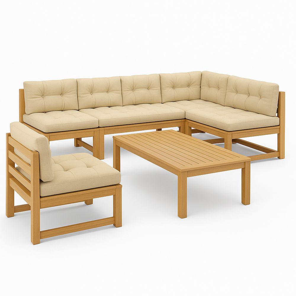 Juego de Sofá Modular Exterior de Madera con Cojines Beiges, Estilo Moderno y Funcional