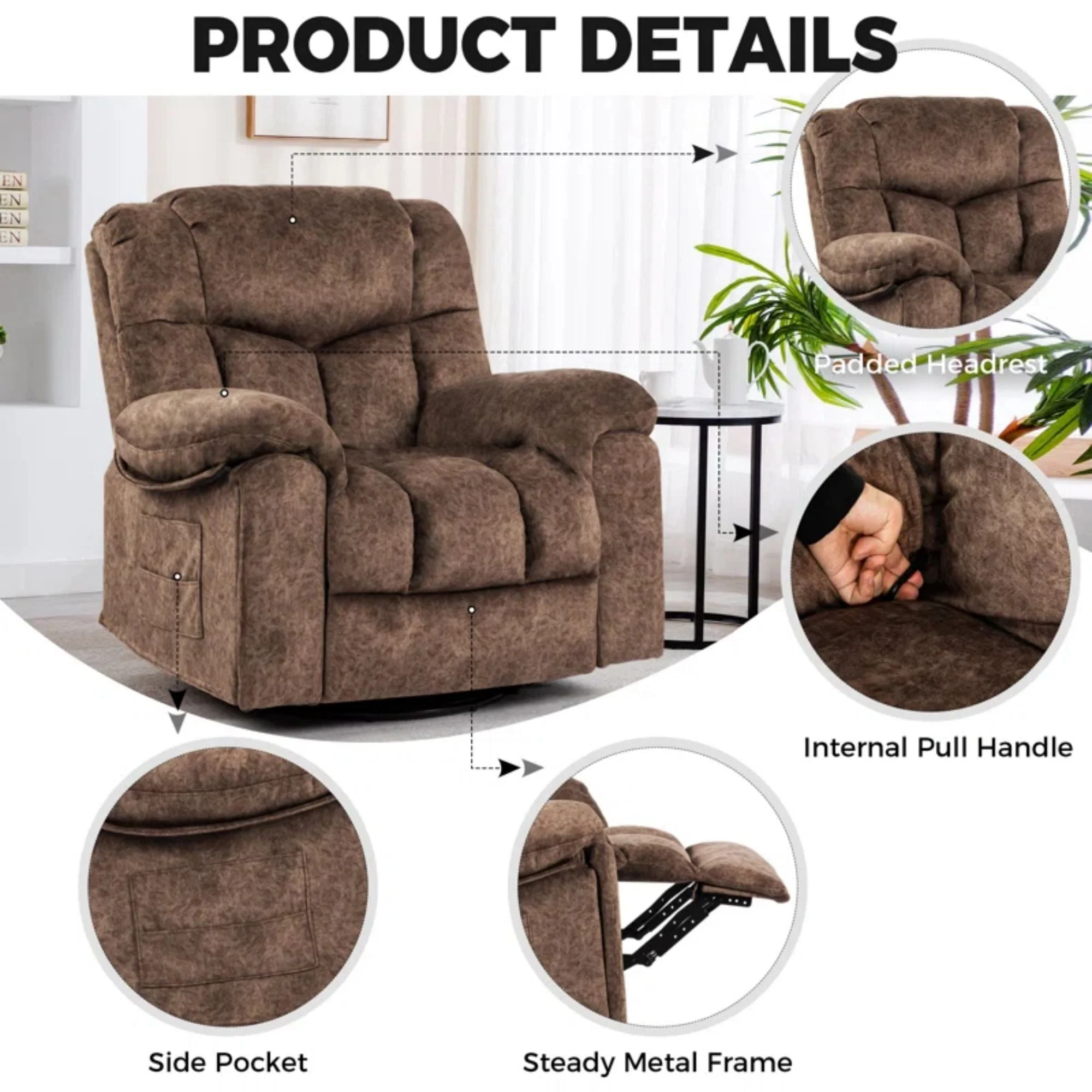 Colerline 35.43" Wide Modern Velvet Upholstered Heating & Massage Swivel Reclining Rocker Chair with Hidden Cupholders for Living Room and Bedroom, Brown - Image 3
