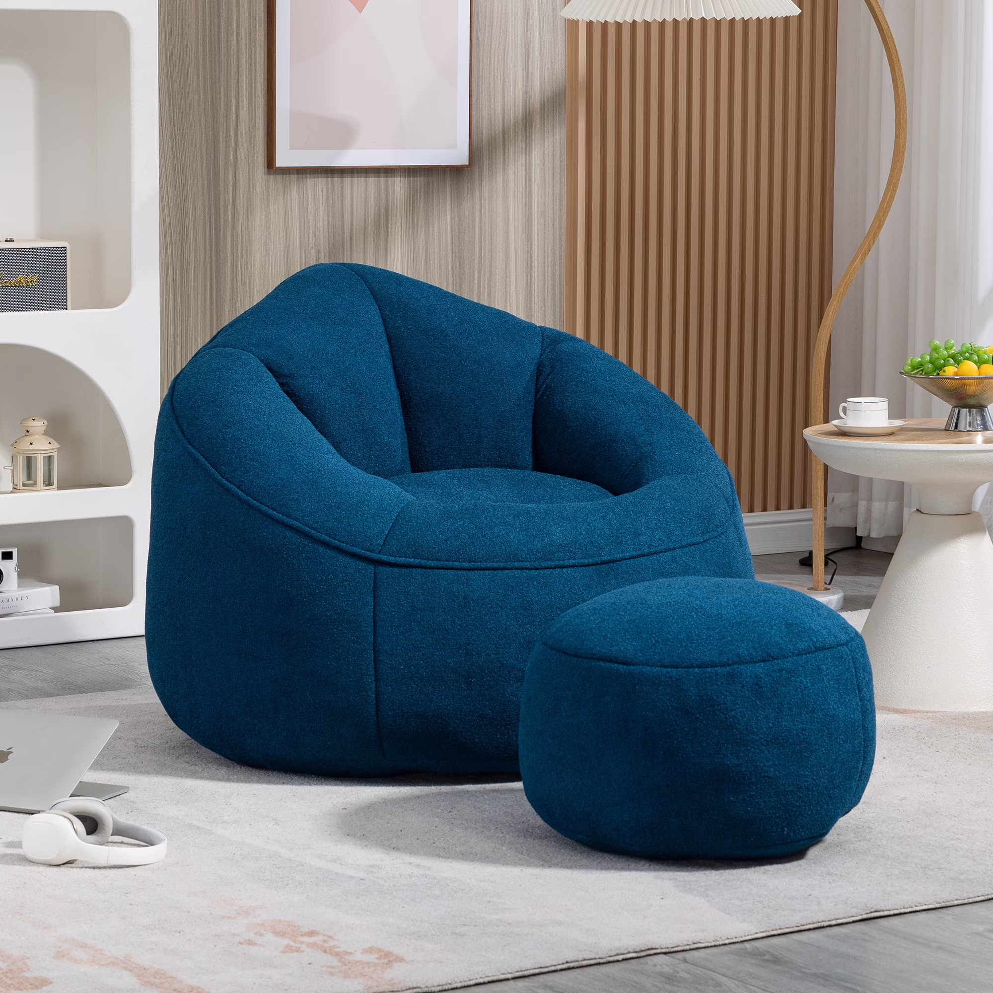 MOONMISS Microfiber Upholstered High Pressure Foam Round Lazy Bean Bag Sofa Chair with Ottoman-Gray - Image 11