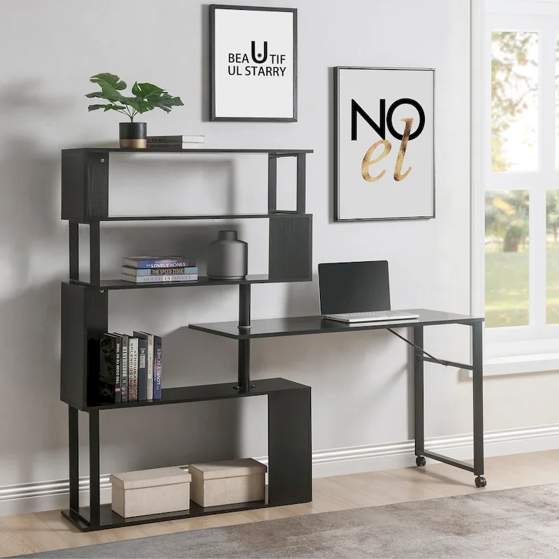 Modern Computer Desk with 5-Tier Shelves – Space-Saving Rotatable Workstation