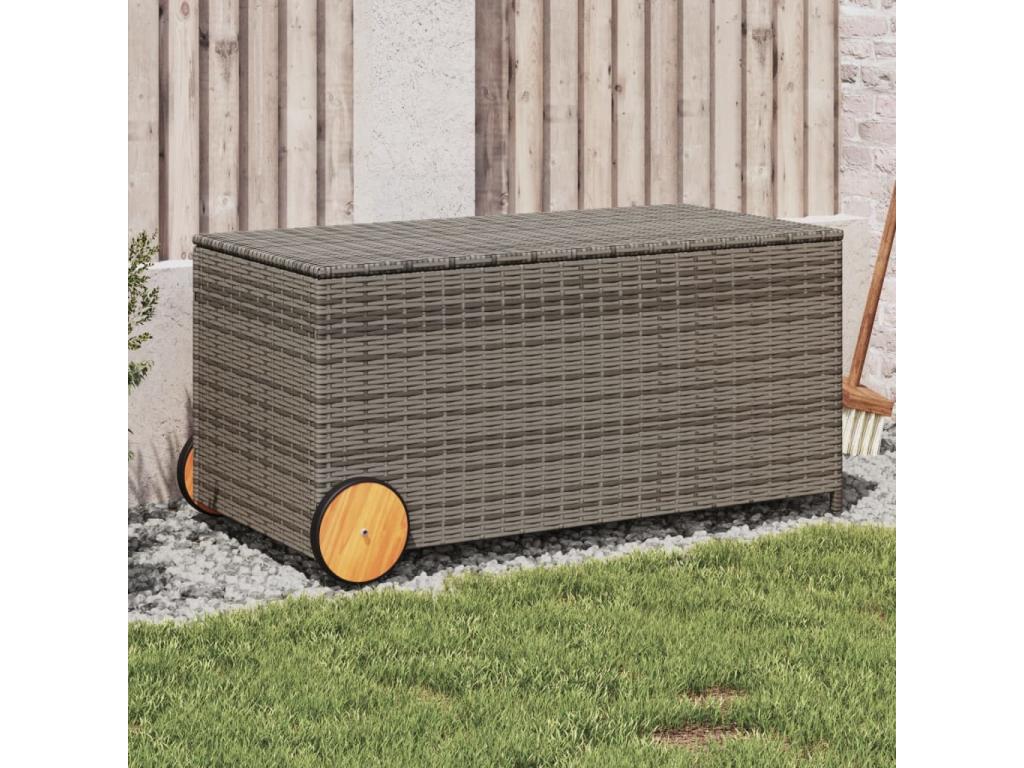 Caja de almacenaje jardín con ruedas ratán sintético gris 190L