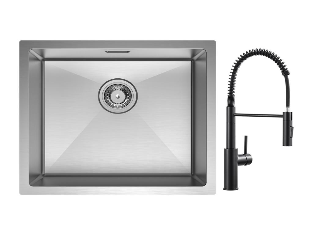 Pratcas 1 Fregadero de lavabo 50*44 cm Fregadero de cocina de acero inoxidable Fregadero bajo encimera cepillado + Mezclador de cocina de resorte negro con ducha extraíble