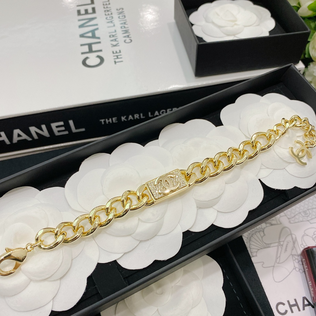 Chanel Gold Chunky Cuban Chain Rectangle Tag Bracelet - Original Replica Club