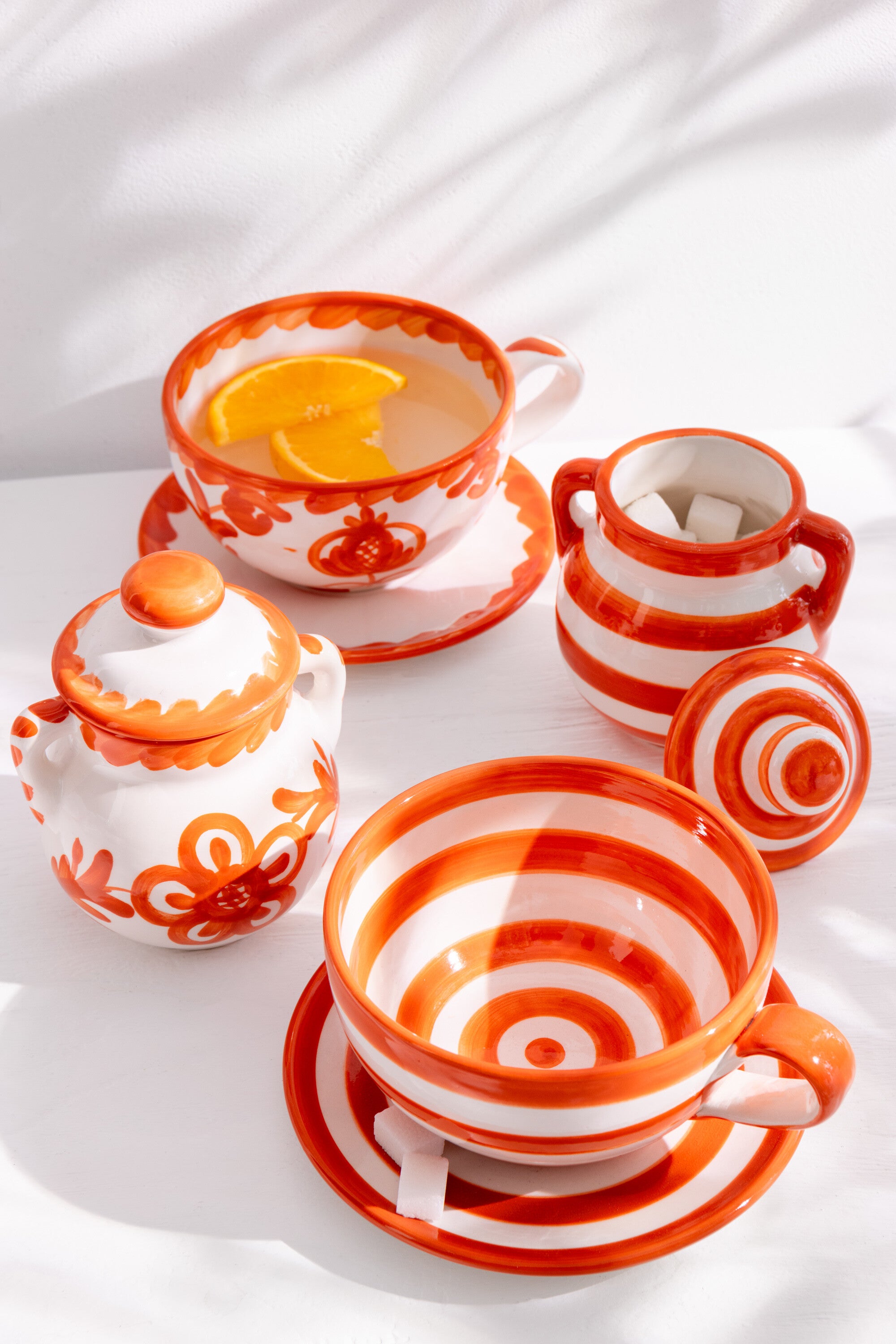 J-Line kopje + schoteltje Granada - keramiek - wit oranje