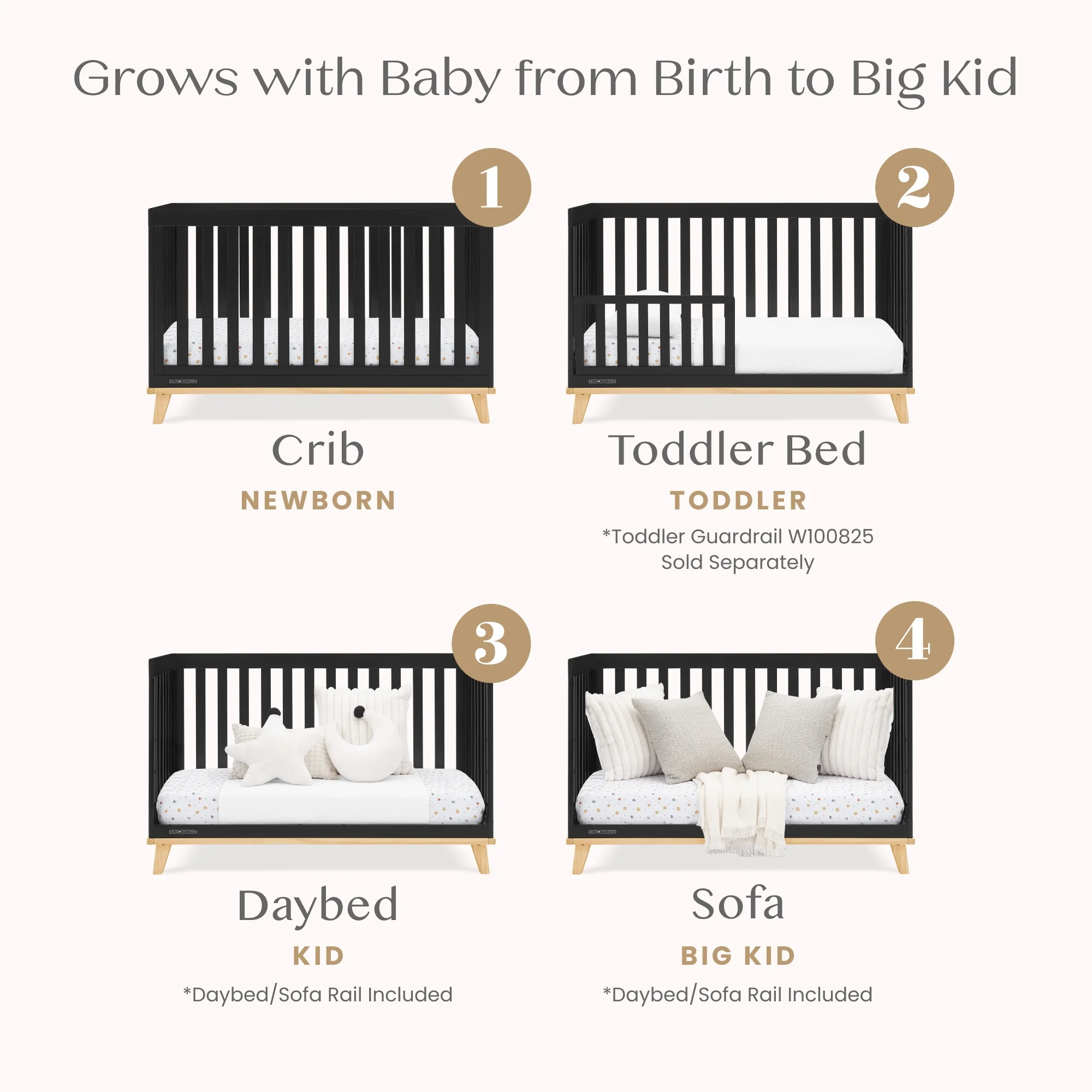 Delta Children Frankie 4-in-1 Convertible Crib - Greenguard Gold Certified, Black with Natural - Image 9