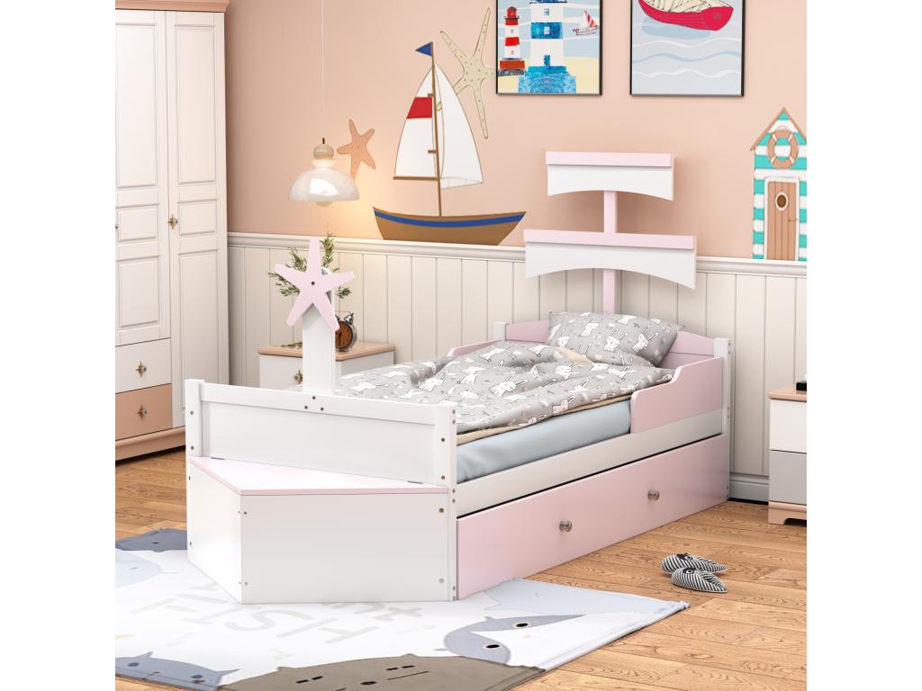 Cama nido 90x200cm+90x190cm, estructura de cama en forma de velero con somier de láminas, armario de almacenamiento, rosa