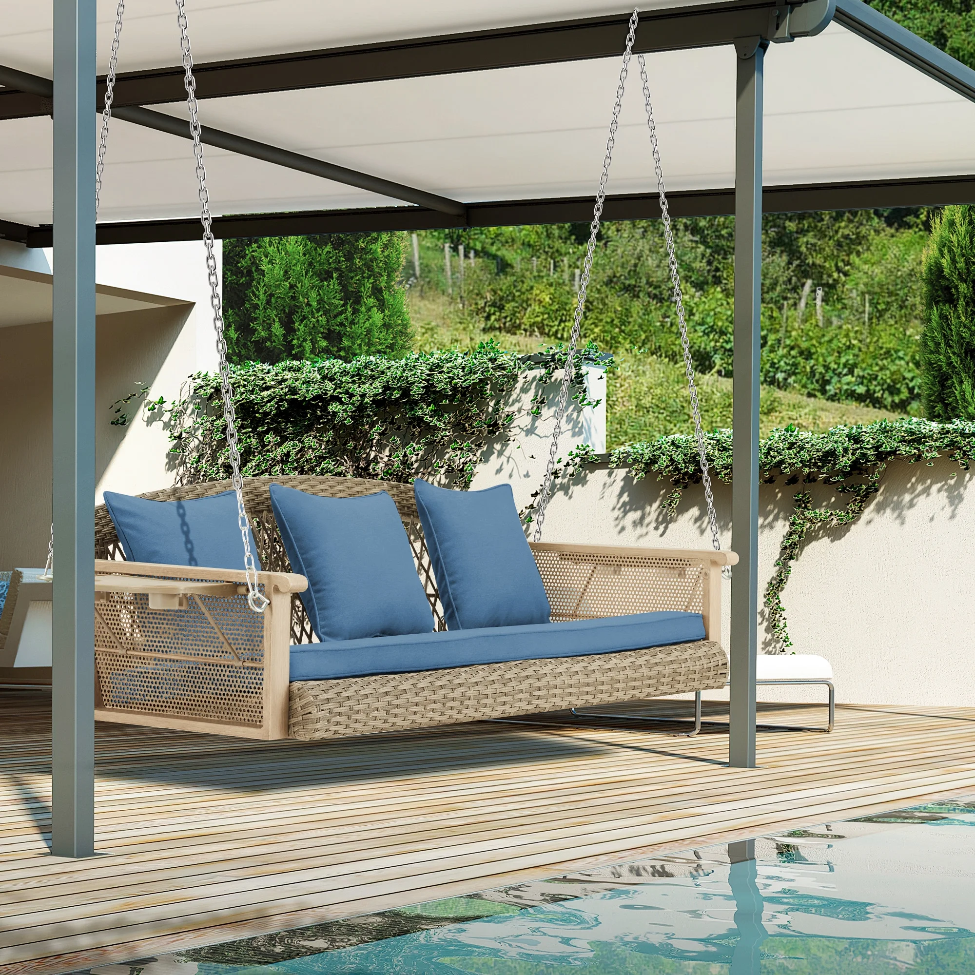 Homrest 3-Person Porch Swing 55in Wicker Hanging Swing Bench with Cushions and Cupholders for Deck, Garden and Backyard, Beige - Image 49