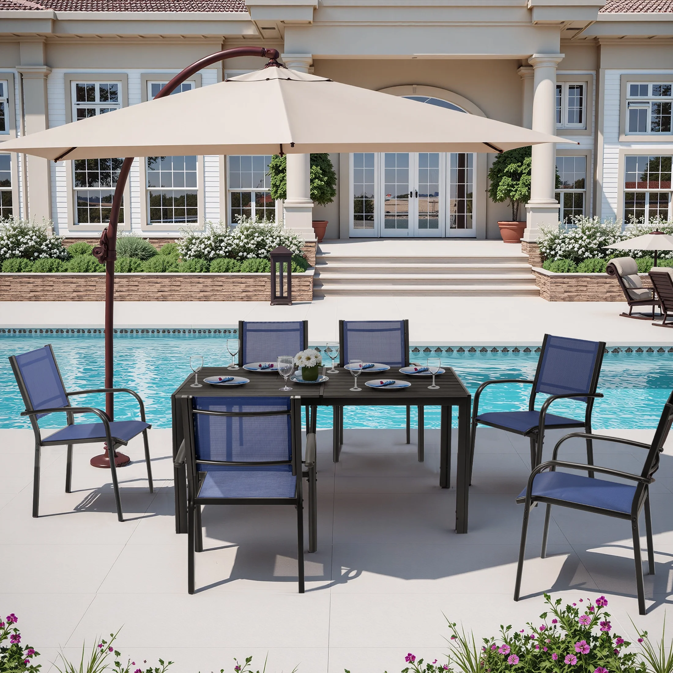 7 Piece Outdoor Dining Set, Patio Dining Table Set for 6 Persons, Garden Patio Textilene Dining Furniture Set with Plastic-Wood Tabletop, Dining Table Chairs Conversation Set for Deck Patio - Image 19