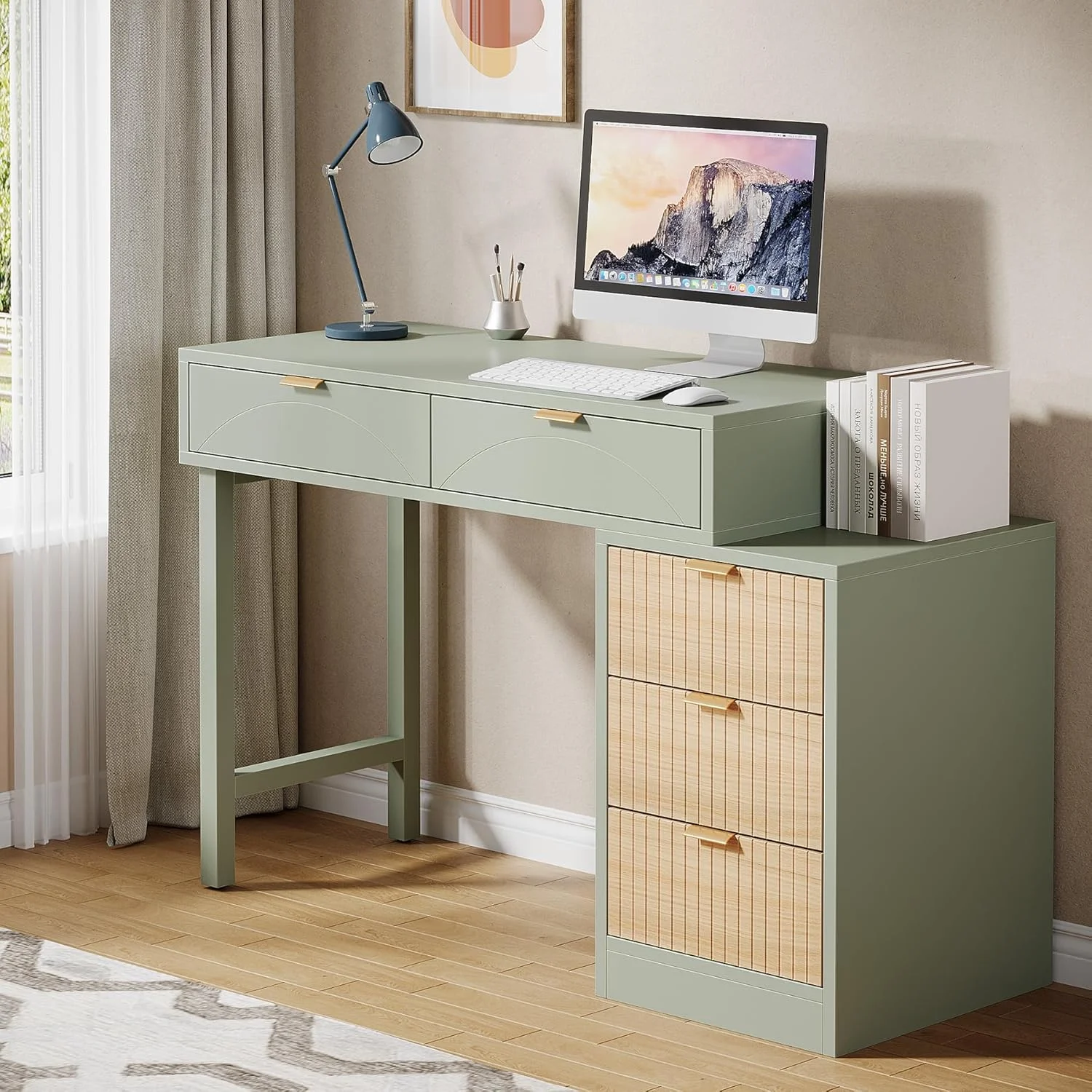Tribesigns 39" Reversible Computer Desk with 5 Drawers, Wood Writing Desk for Home Office, Green - Image 3
