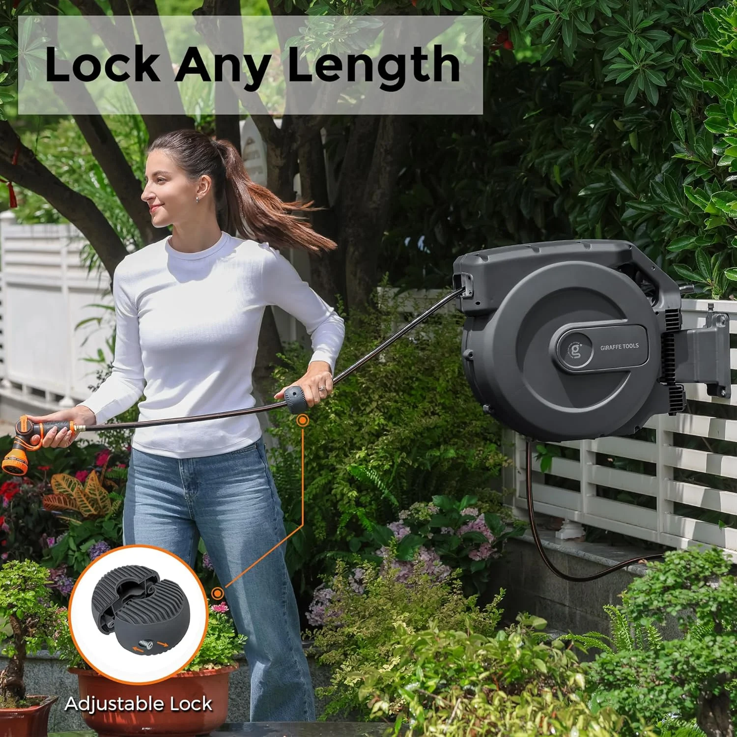 Giraffe Tools Retractable Garden Hose Reel with 1/2in-100ft Water Hose, Plastic Bracket, Wall Mounted, Dark Grey - Image 46