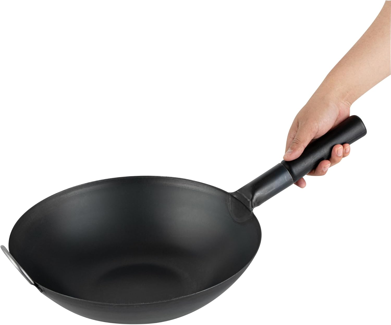 Restaurantware Carbon Steel Wok 1 Pack of 13.3 Inch Heavy-Duty Uniform Heat Distribution Pan Induction Compatible Flat Bottom Wok Welded Handle Black For Gas Stovetops And Grills