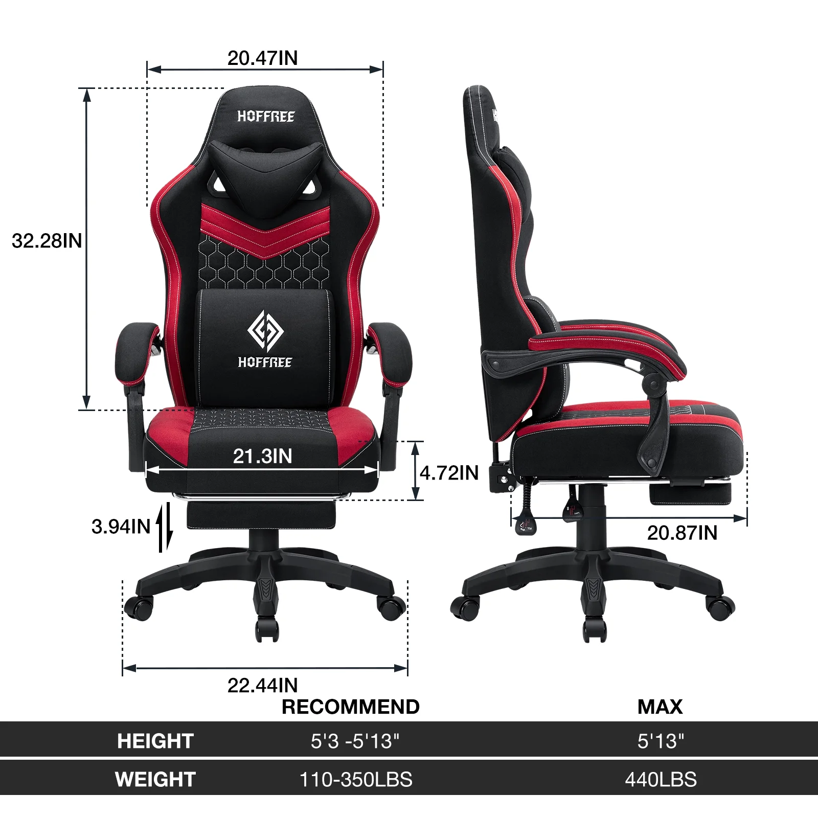 Hoffree Gaming Chair with Massage Fabric Office Chair with footrest for Adults, Ergonomic Gamer Chair with Headrest and Lumbar Support for Office Gaming, 440 LBS - Image 48