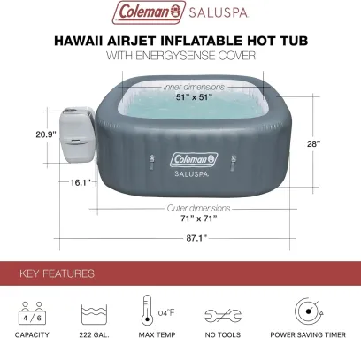 4 to 6 Person Inflatable Hot Tub Square Portable Outdoor Spa with 114 Soothing AirJets and Insulated Cover, Gray-Coleman