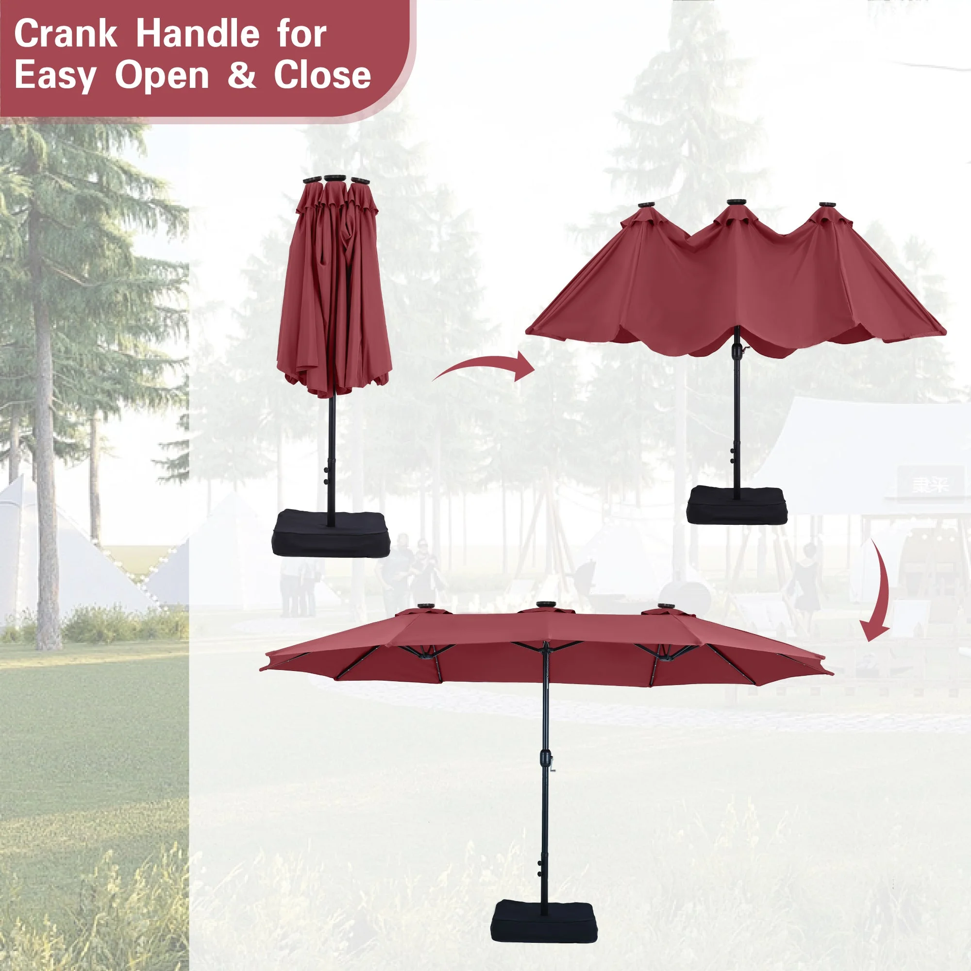 Alpha Joy 15ft Extra Large Outdoor Patio Double-Sided Umbrella with LED Solar Lights & Umbrella Base, Beige - Image 65