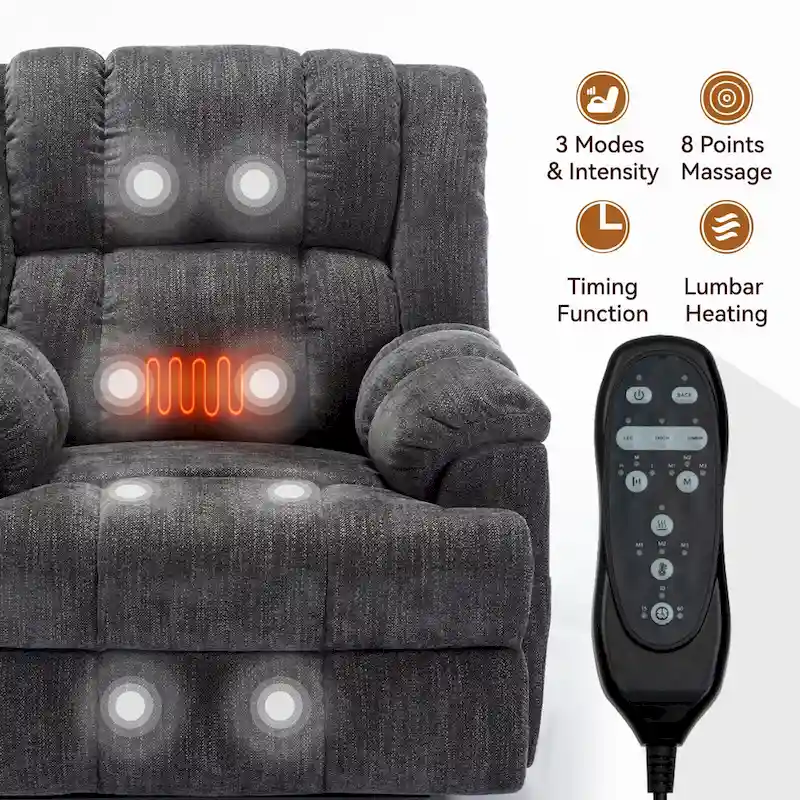Grey Oversized Chenille Power Lift Recliner with Massage, Heating, and Flat Lay Feature