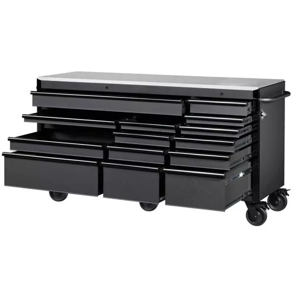 HEAVY-DUTY 72 IN. W 15-DRAWER, DEEP TOOL CHEST MOBILE WORKBENCH IN MATTE BLACK WITH STAINLESS STEEL TOP AND DUAL LOCKS
