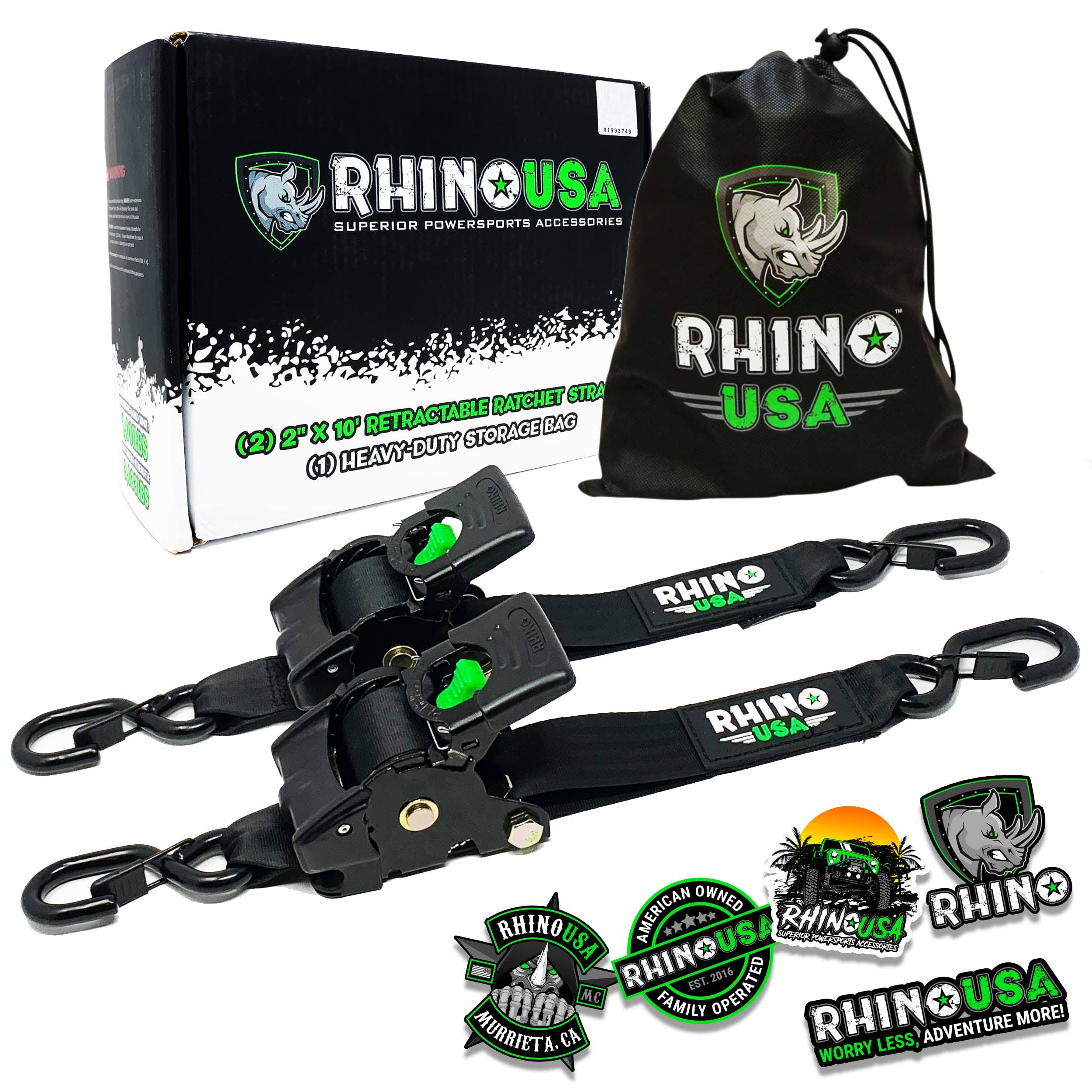 Rhino USA 2" x 10' Retractable Ratchet Straps (2-Pack)(Black/2" X 10')