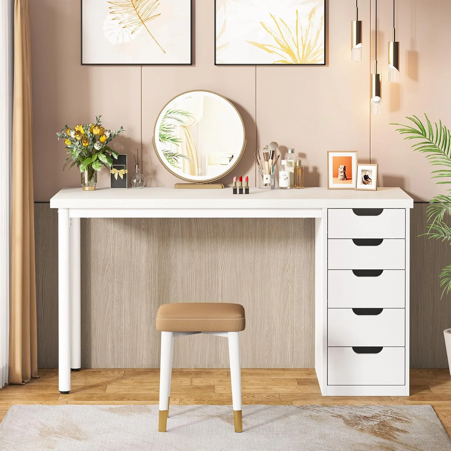 Tribesigns 47 inches Vanity Desk with 5 Drawers, Rustic Makeup Dressing Table with Storage, Modern Simple Computer Desk for Women, Girls (Brown) - Image 12