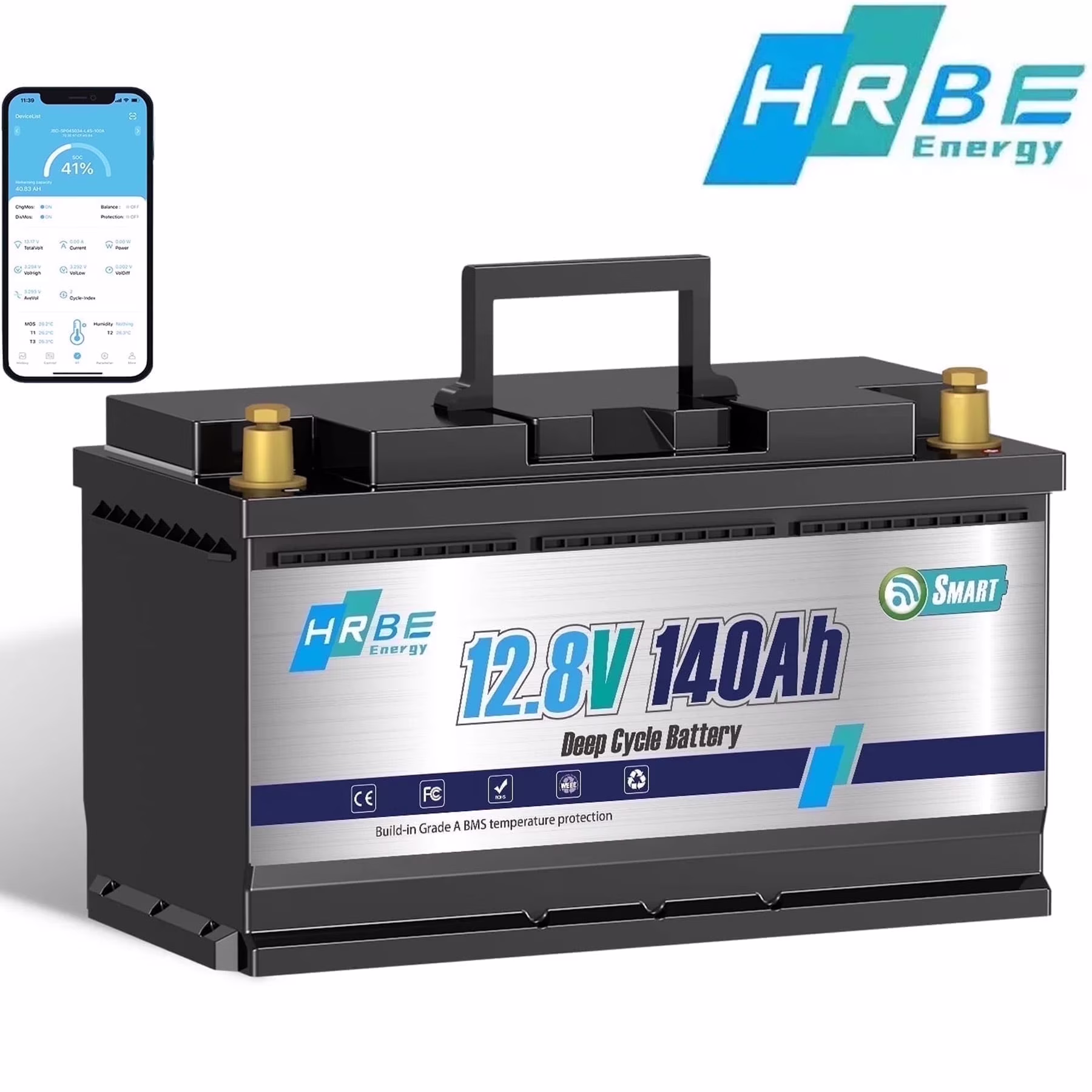12V 140AH LiFePO4 Battery Bluetooth, for RV, Solar, Trolling Motor, Marine, Boat, Van, Camping, HRBEENERGY 15000+ Deep Cycles Lithium Batteries, Smart 100A BMS