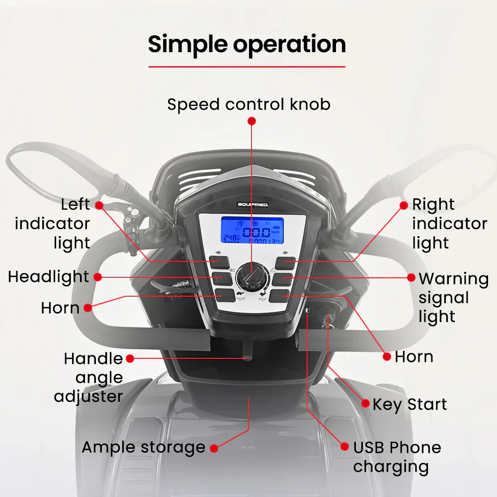 EQUIPMED Mobility Scooter, S-XXL comfortable size for all riders, 30km Max Range, 180kg capacity, Grey
