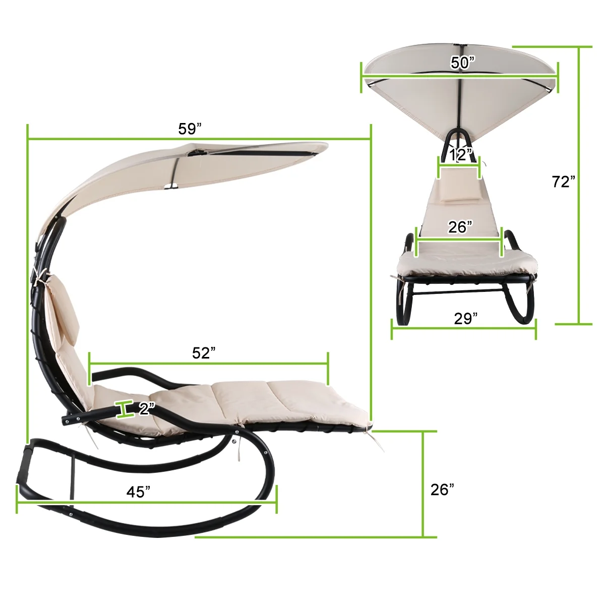 2X Rocking Hanging Lounge Chair - Curved Chaise Rocking Lounge Chair Swing For Backyard Patio w/ Built-in Pillow Removable Canopy with stand {Green} - Image 28