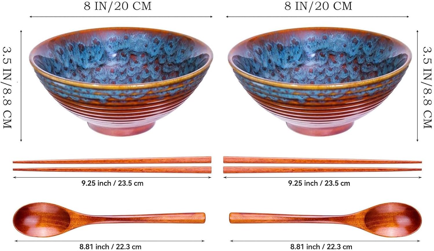 2x Ceramic Ramen Bowls - 40 oz - 20cm - With Spoon and Chopsticks for Ramen Soup Pho Udon Asian Noodles, Large Noodle Bowls (Cat's eye glaze 2 sets)