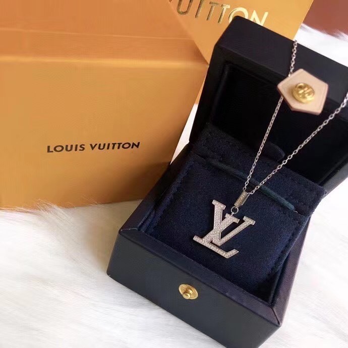 Louis Vuitton Full Diamond Silver LV Monogram Pendant Necklace - Original Replica Club