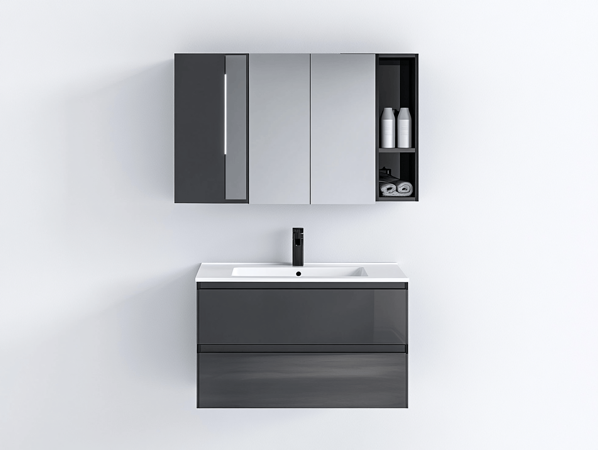 Conjunto de baño con espejo y lavabo 80×48×140 cm – gris oscuro – con armario espejo y estantes abiertos